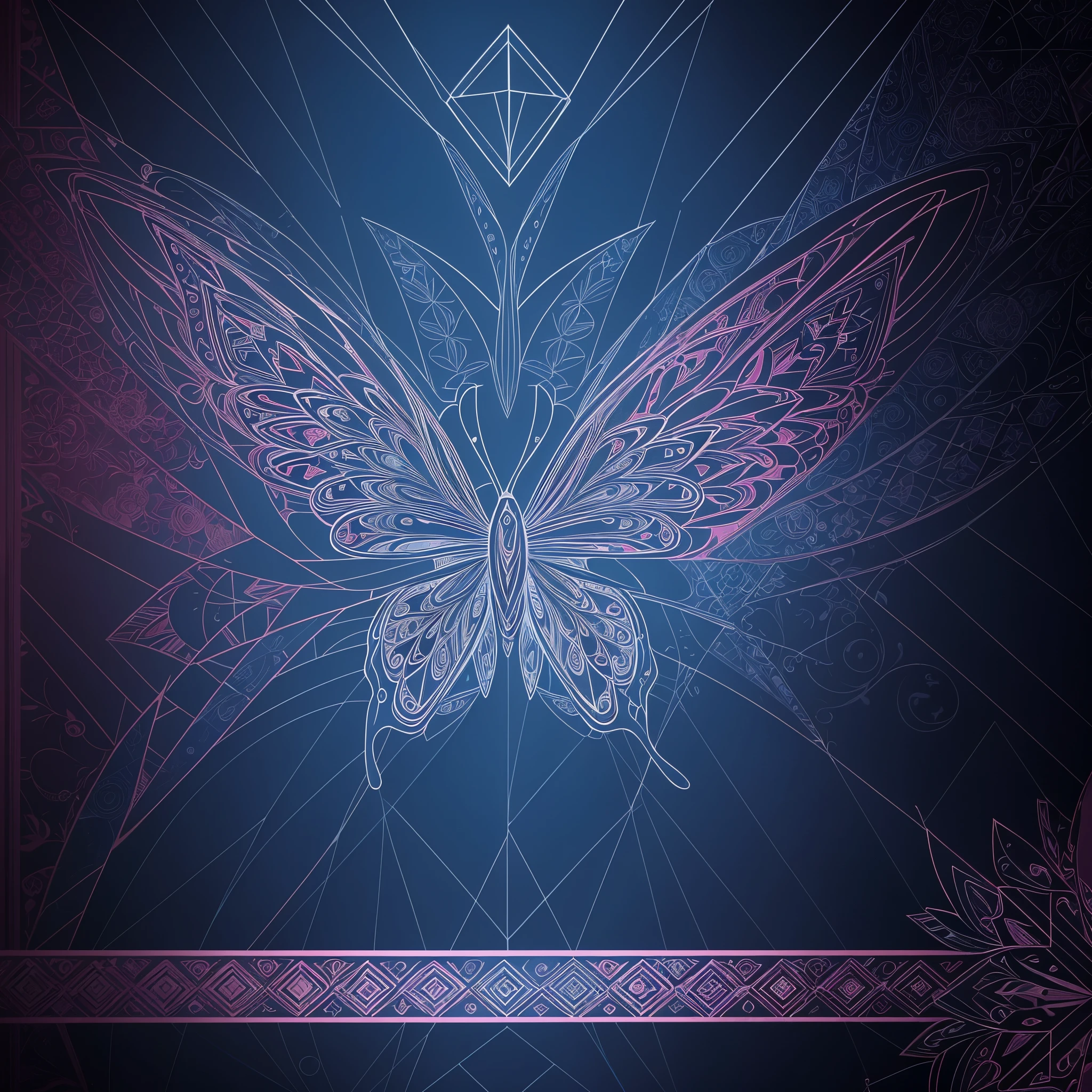 (highest quality, High resolution:1.2), symmetrical design,Geometric pattern, colorful design, complicated pattern, Symmetrical, Bold design, beautiful harmony, Butterfly silhouette, Geometric patternで構成された高い技術,A magical design sheet that captivates everyone who sees it.