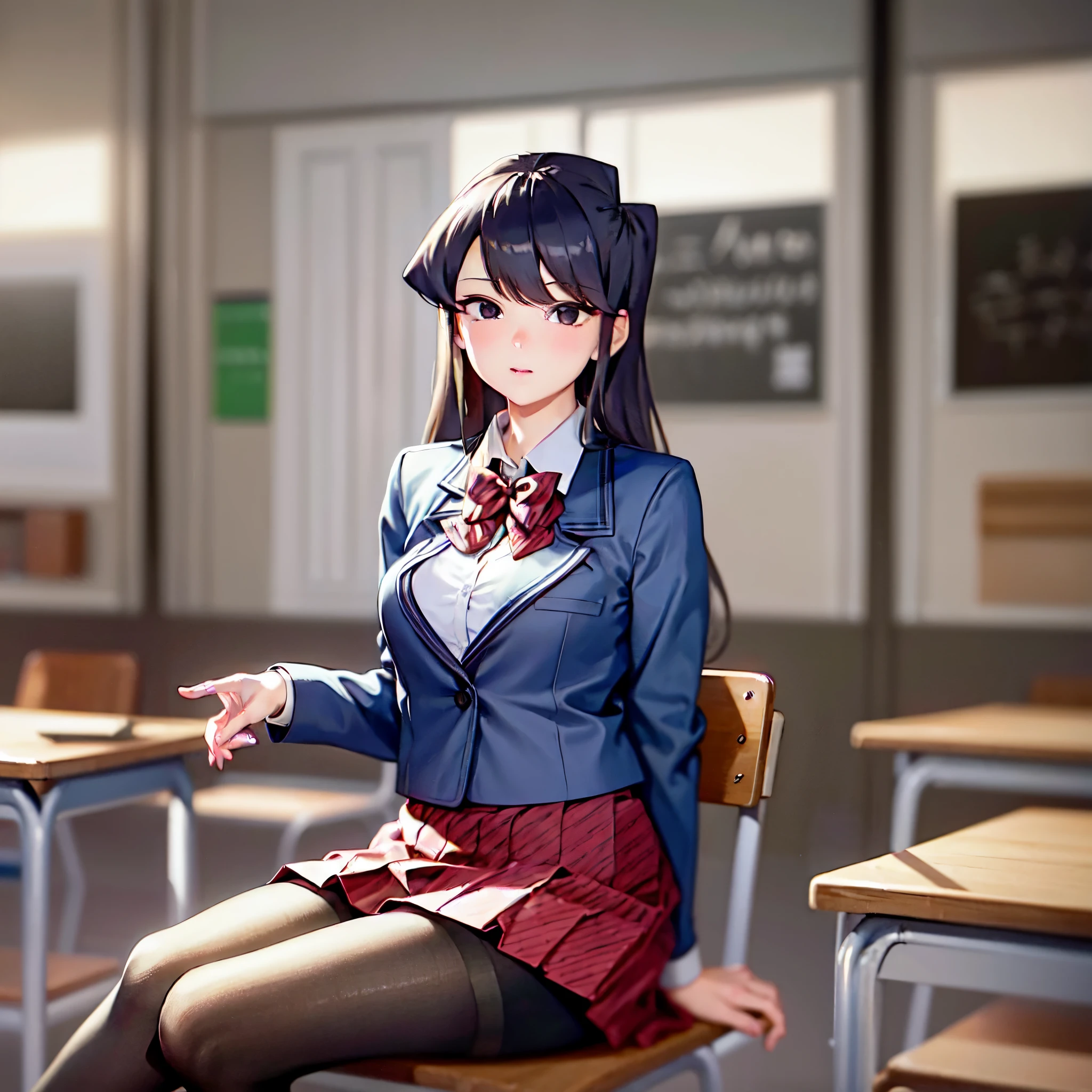 komiShouko, masterpiece, best quality, absurdres, 1girl, looking at viewer, v arms, pantyhose, classroom, school uniform, red skirt, red bow, blazer, window, sitting, chair, crowd,crossing legs