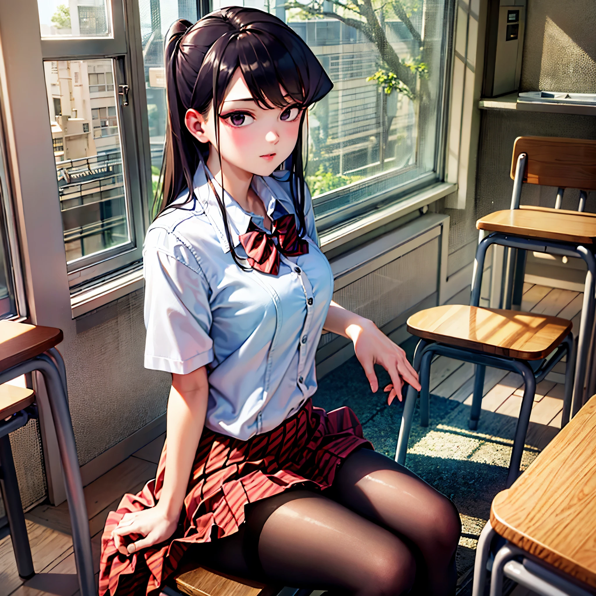 komiShouko, masterpiece, best quality, absurdres, 1girl, looking at viewer, v arms, pantyhose, classroom, school uniform, red skirt, red bow, blazer, window, sitting, chair, crowd,crossing legs
