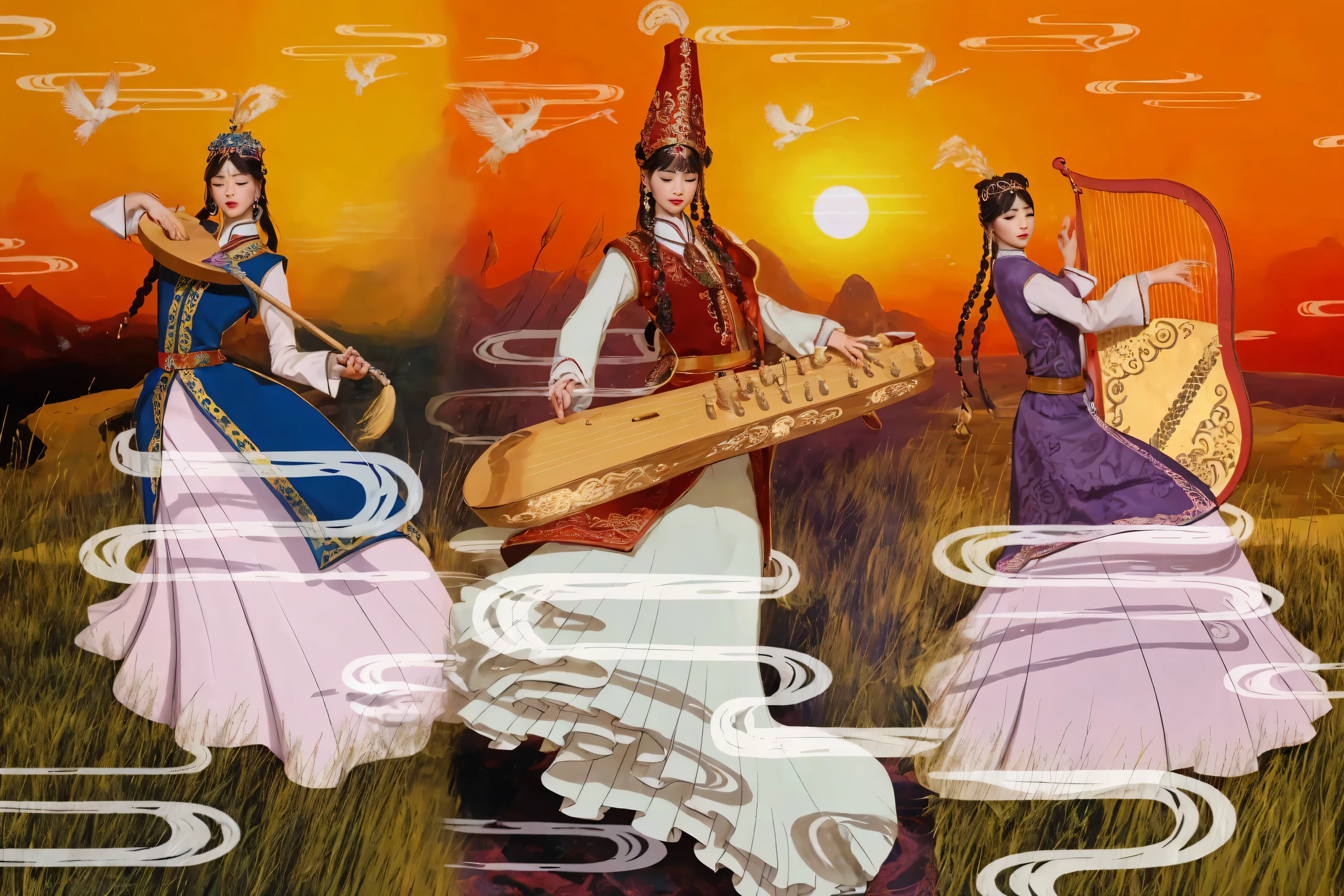 Scene of three people wearing Xinjiang costumes playing musical instruments, Inspired by Luji, inspired by Yang Buzhi, Z style art, Illustrations inspired by Persian folklore, Inspired by Song Maojin, Inspired by Ji Yunfei, Persian folk storytelling art style, A beautiful artistic illustration, With Xinjiang artistic style, China.person with eyes closed (best quality, 4k, 8k, high resolution, masterpiece:1.2), super detailed, (actual, photoactual, photo-actual:1.37), high dynamic range, ultra high definition, studio lighting, Ultra-fine painting, sharp focus, Physically based rendering, extremely detailed description, professional, bright colors, Bokeh, portrait, landscape,, Science fiction, photography, concept artist, Vibrant shades, Picturesque lights.