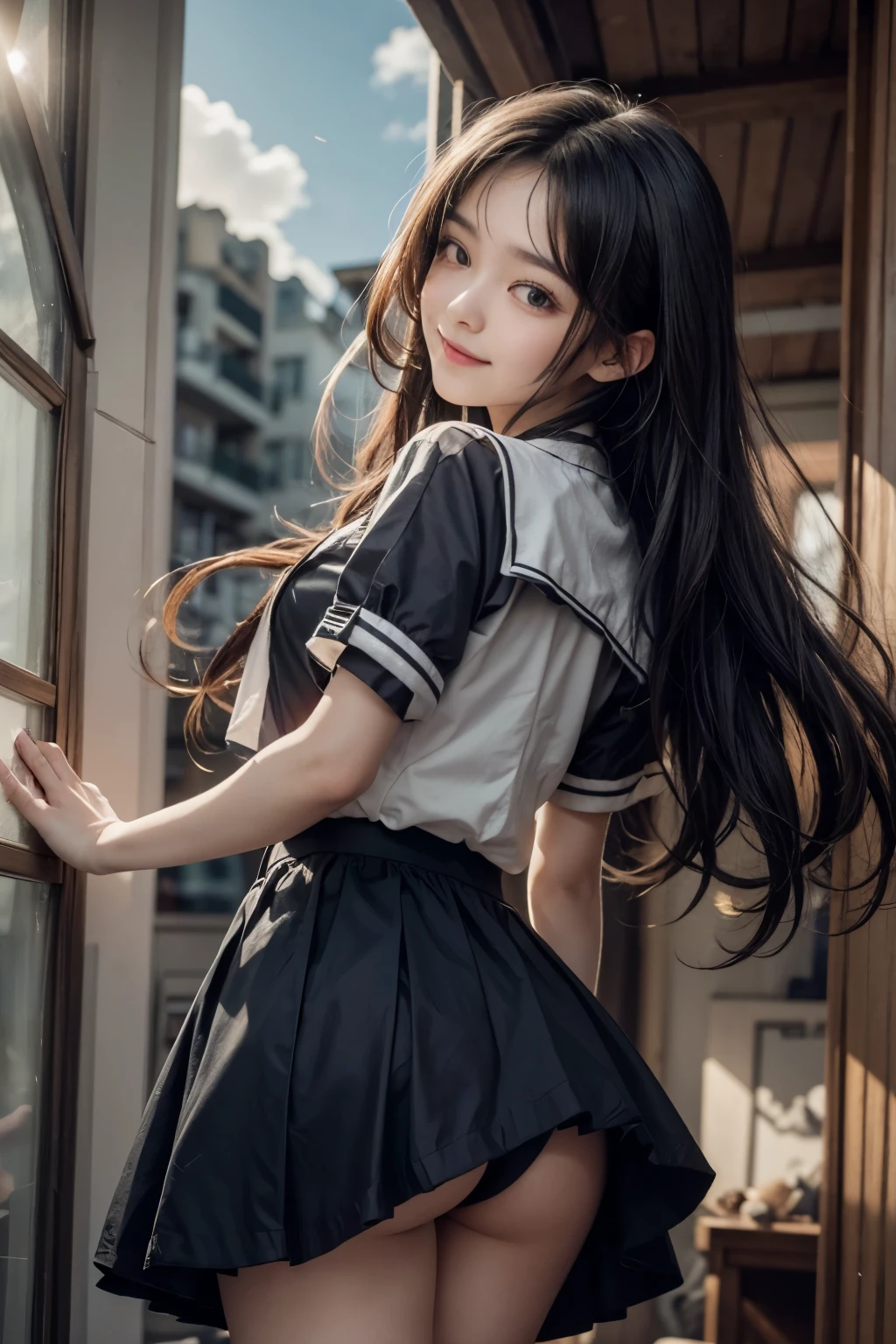  very cute and beautiful Korean girl 21 years old,(rosto lindo altamente detalhado),
(sorriso:1.2),serafuku,Mini saia plissada azul marinho,
(looking back,from behind),inclinando-se para frente,de baixo,Calcinha branca,
sala de estar antiga europeia,beautiful furniture,
cabelo preto longo,olhando para o espectador,
(melhor qualidade,obra de arte:1.2),absurdos,high resolution,ultra-detalhado,extremamente detalhado,32K,8k resolution,
detalhes intrincados,cinematic scene,fundo detalhado,Sozinho,dynamic angle,
Hair flying in the wind,Beautiful detailed sky,perfect hands,