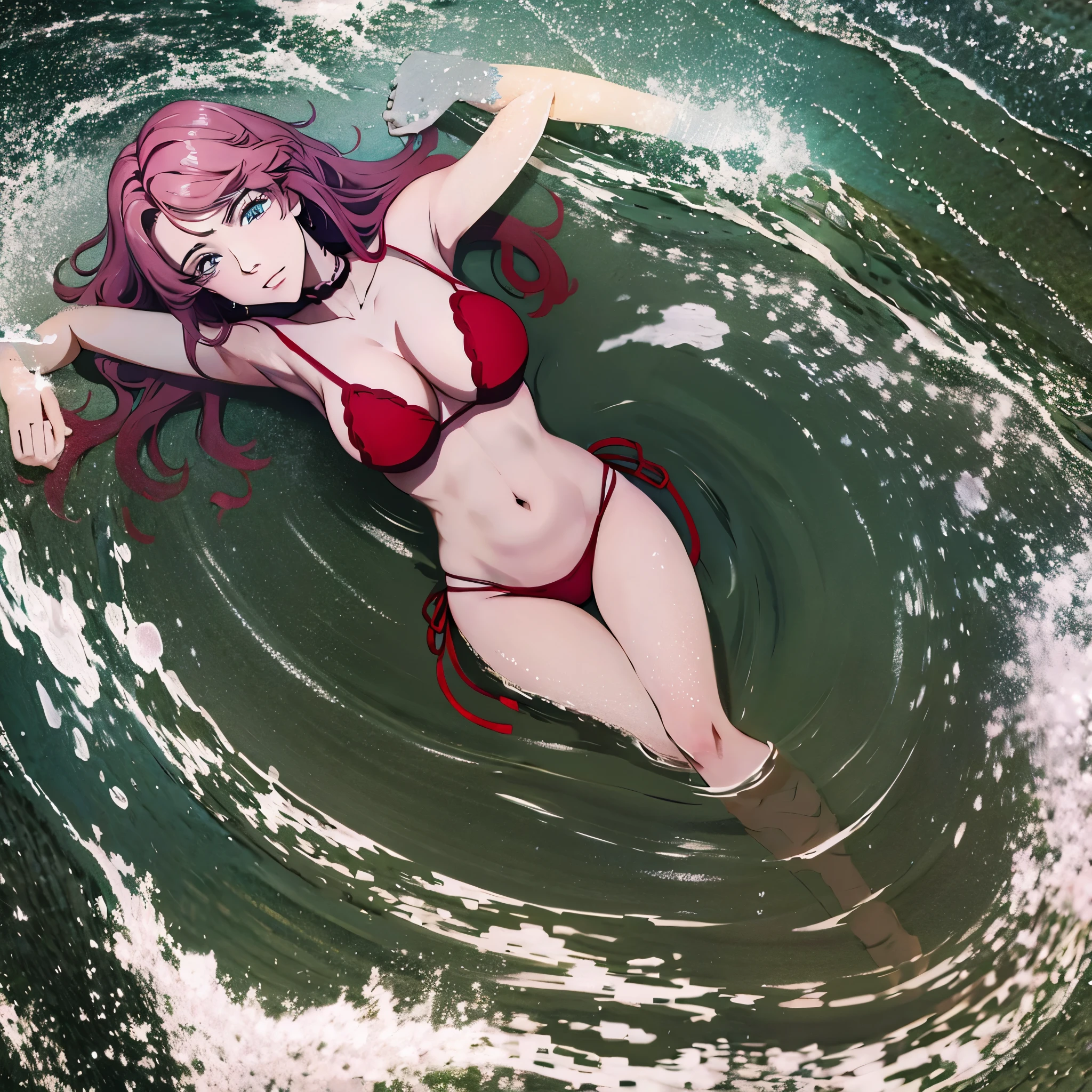 anime girl in red bikini laying on her stomach in a circle, lying dynamic pose, elegant floating pose, pudica pose, sunbathing. illustration, sexy pudica pose gesture, dramatic floating pose, full body pose, seductive reclining pose, relaxed pose, anime full body illustration, seductive anime girl, marin kitagawa fanart, cushart krenz key art feminine