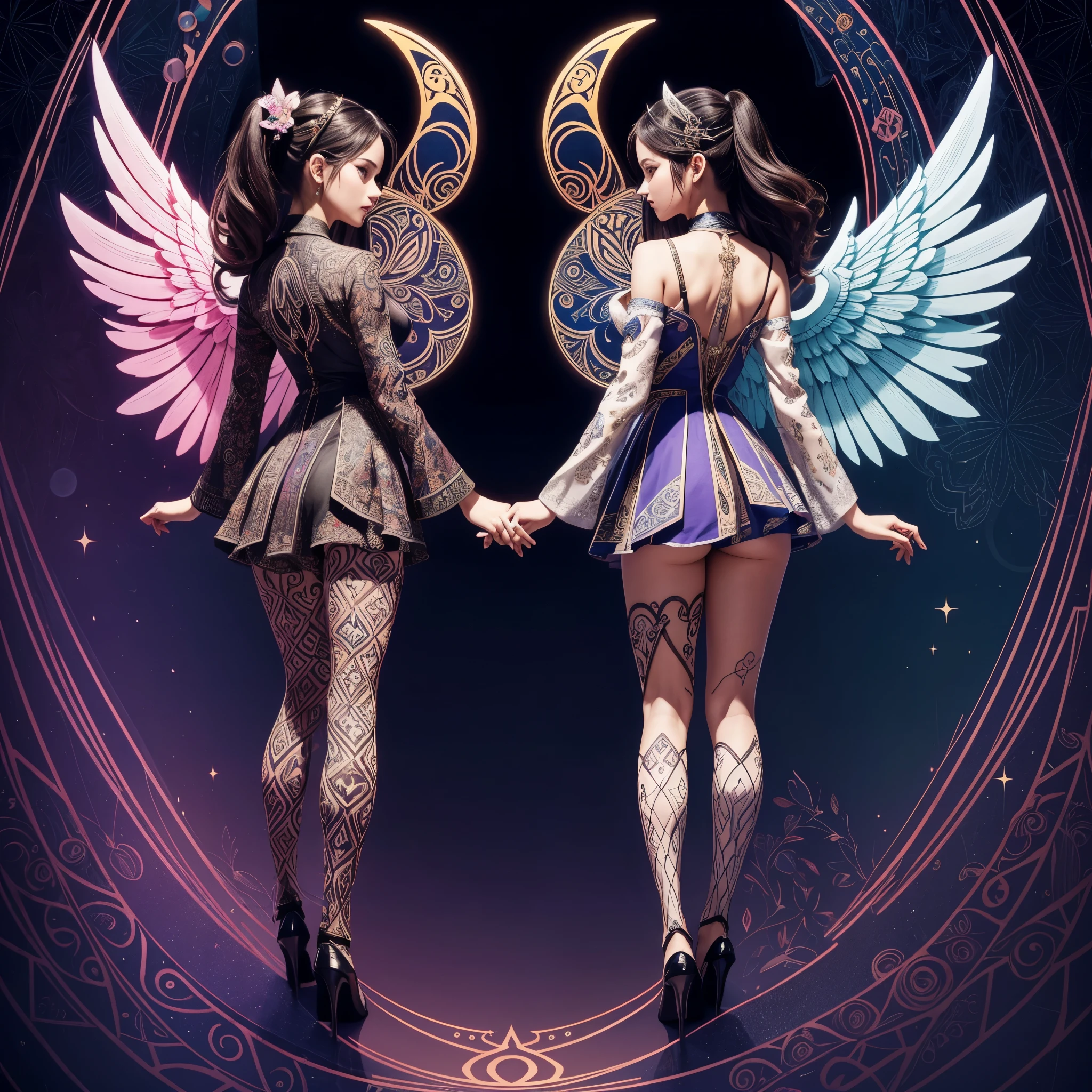 (highest quality, High resolution:1.2), symmetrical design,Geometric pattern, colorful design, complicated pattern, Symmetrical, Bold design, beautiful harmony, Silhouette of two women with wings facing each other, Geometric patternで構成された高い技術,A magical design sheet that captivates everyone who sees it.
