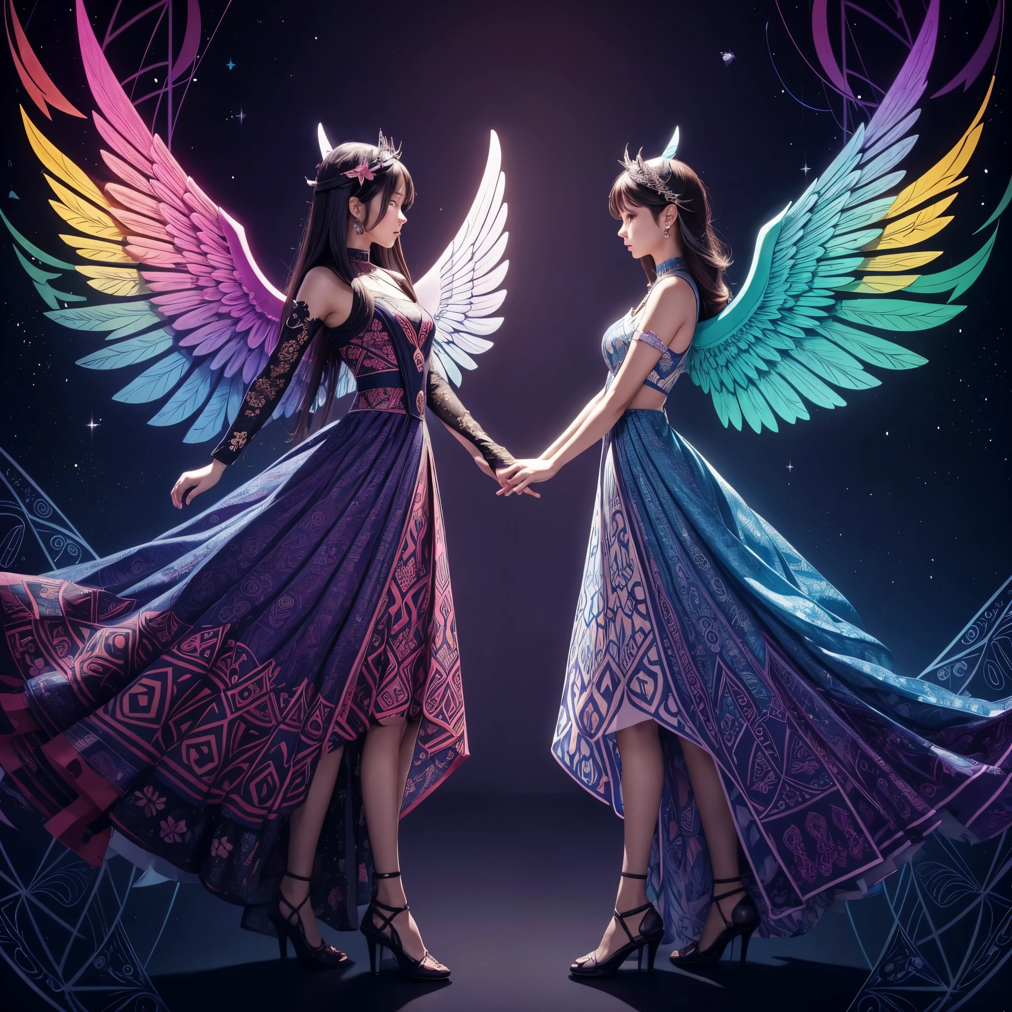 (highest quality, High resolution:1.2), symmetrical design,Geometric pattern, colorful design, complicated pattern, Symmetrical, Bold design, beautiful harmony, Silhouette of two women with wings facing each other, Geometric patternで構成された高い技術,A magical design sheet that captivates everyone who sees it.