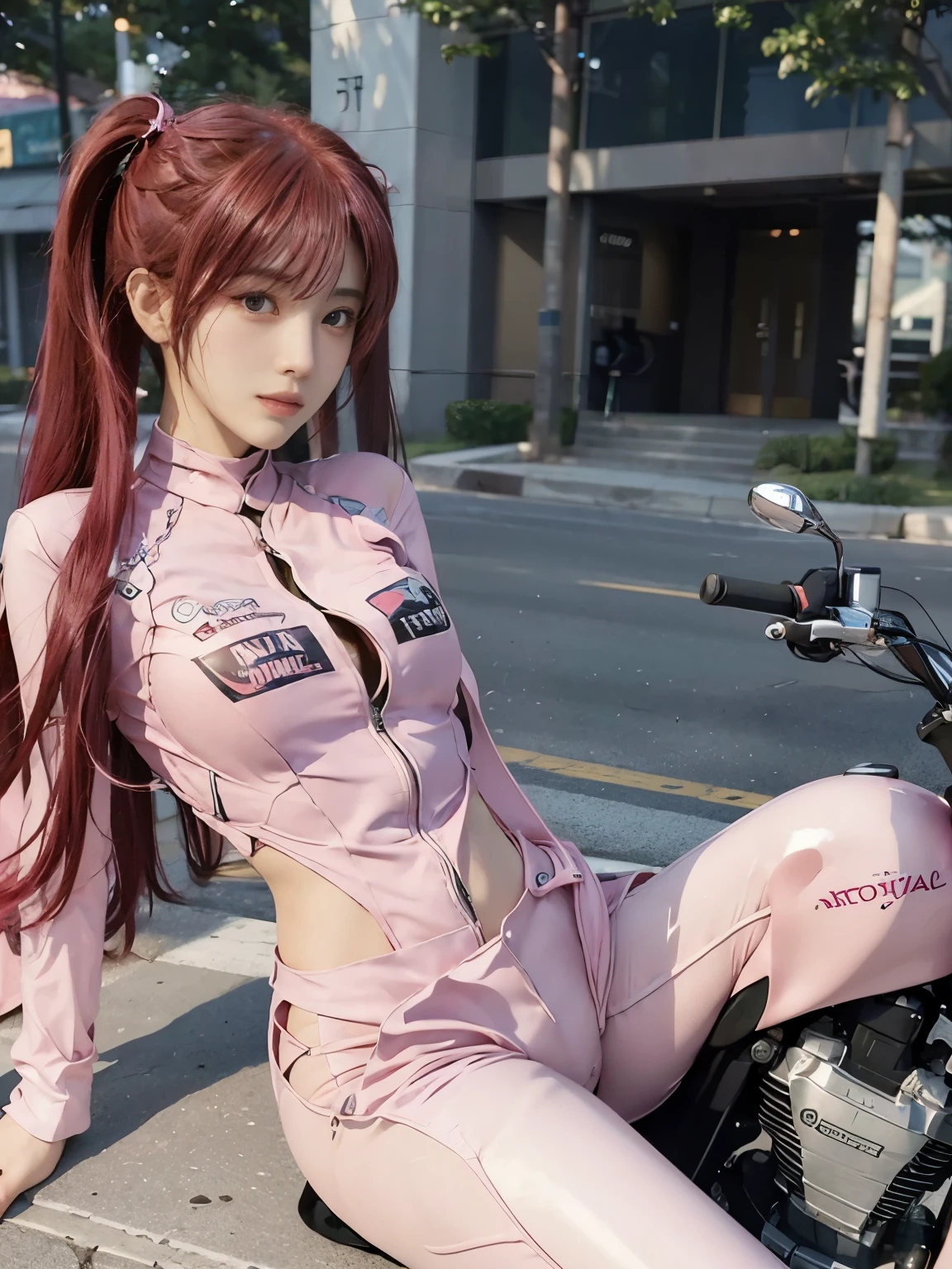  (realistic:1.5), 8k, Super delicate beauty, 1 girl, intricate motorcycle details, (short: 1.3), (highest quality: 1.0), (Super high sharpness: 1.0),（Beautiful and delicate depiction of eyes）,unreal engine:1.4, photorealistic:1.4, skin texture:1.4, masterpiece:1.8,highest quality、smile、long limbs、(((riding a motorcycle)))、(((pink rider suit and long pants)))、(((twin tails)))、((Red hair))