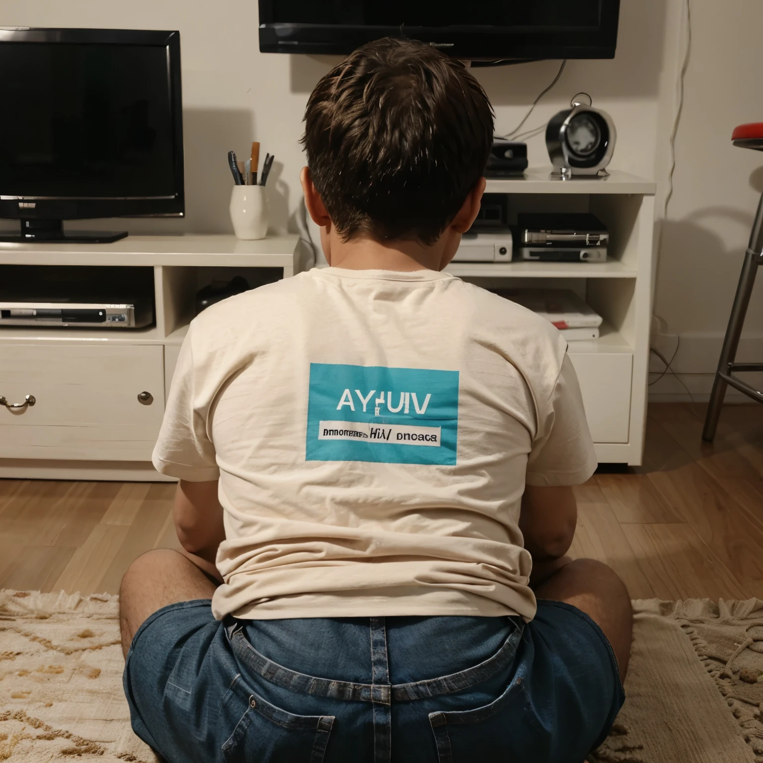 A boy sits watching TV with Saymun written on the back of his t-shirt