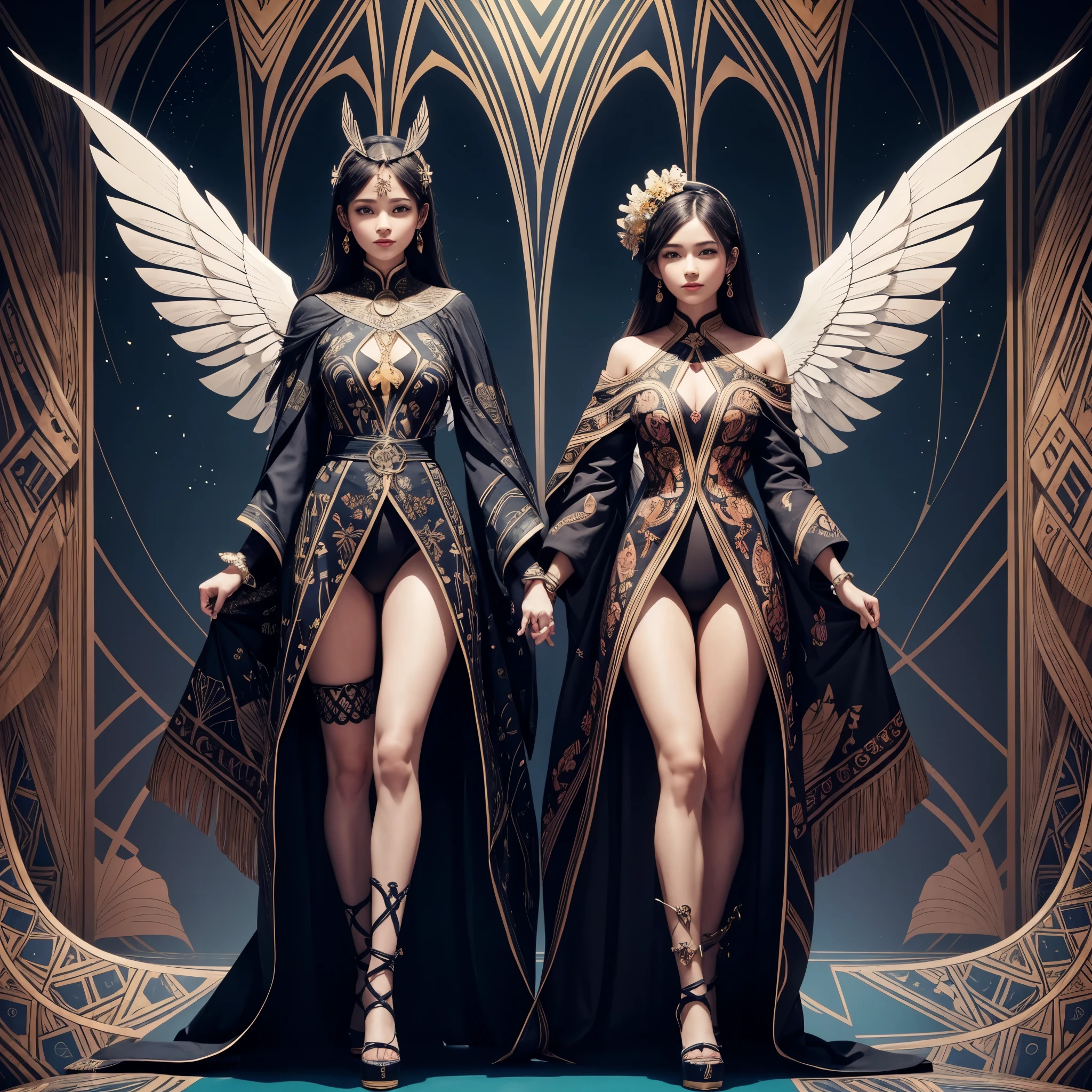 (highest quality, High resolution:1.2), symmetrical design,Geometric pattern, colorful design, complicated pattern, Symmetrical, Bold design, beautiful harmony, Silhouette of two women with wings facing each other, Geometric patternで構成された高い技術,A magical design sheet that captivates everyone who sees it.