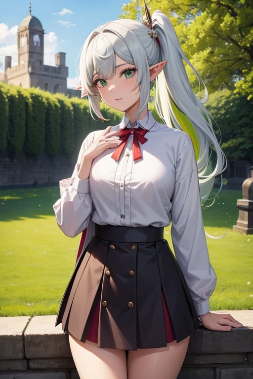 (((Masterpiece, highest quality, high definition, high detail)))), one, ((fantasy)))), (elf woman)))), (white short skirt with gold embroidery), (blonde long straight hair), (glossy dark green eyes), (green surcoat with gold embroidery), big, (((National Library of the royal capital)), (A large space with a lot of books)), sit in a chair and read a book , Particles of light flying