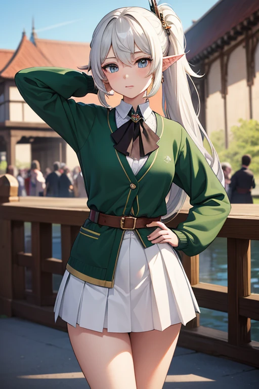 (((Masterpiece, highest quality, high definition, high detail)))), one, ((fantasy)))), (elf woman)))), (white short skirt with gold embroidery), (blonde long straight hair), (glossy dark green eyes), (green surcoat with gold embroidery), big, (((National Library of the royal capital)), (A large space with a lot of books)), sit in a chair and read a book , Particles of light flying