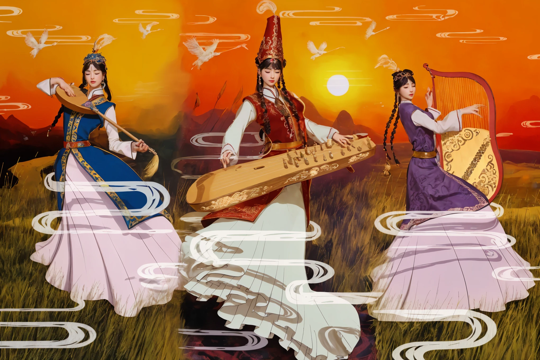 A scene of three people wearing Xinjiang costumes playing musical instruments, Inspired by Lu Ji, inspired by Yang Buzhi, Z style art, Illustrations inspired by Persian folklore, Inspired by Song Maojin, Inspired by Ji Yunfei, Persian folk storytelling art style, A beautiful artistic illustration, Has the artistic style of Xinjiang, China.Character with eyes closed (best quality, 4k, 8k, high resolution, masterpiece:1.2), Super detailed, (actual, photoactual, photo-actual:1.37), high dynamic range, ultra high definition, studio lighting, Ultra-fine painting, sharp focus, Physically based rendering, extremely detailed description, professional, bright colors, Bokeh, portrait, landscape,, science fiction, photography, concept artist, Vibrant shades, Picturesque lights.