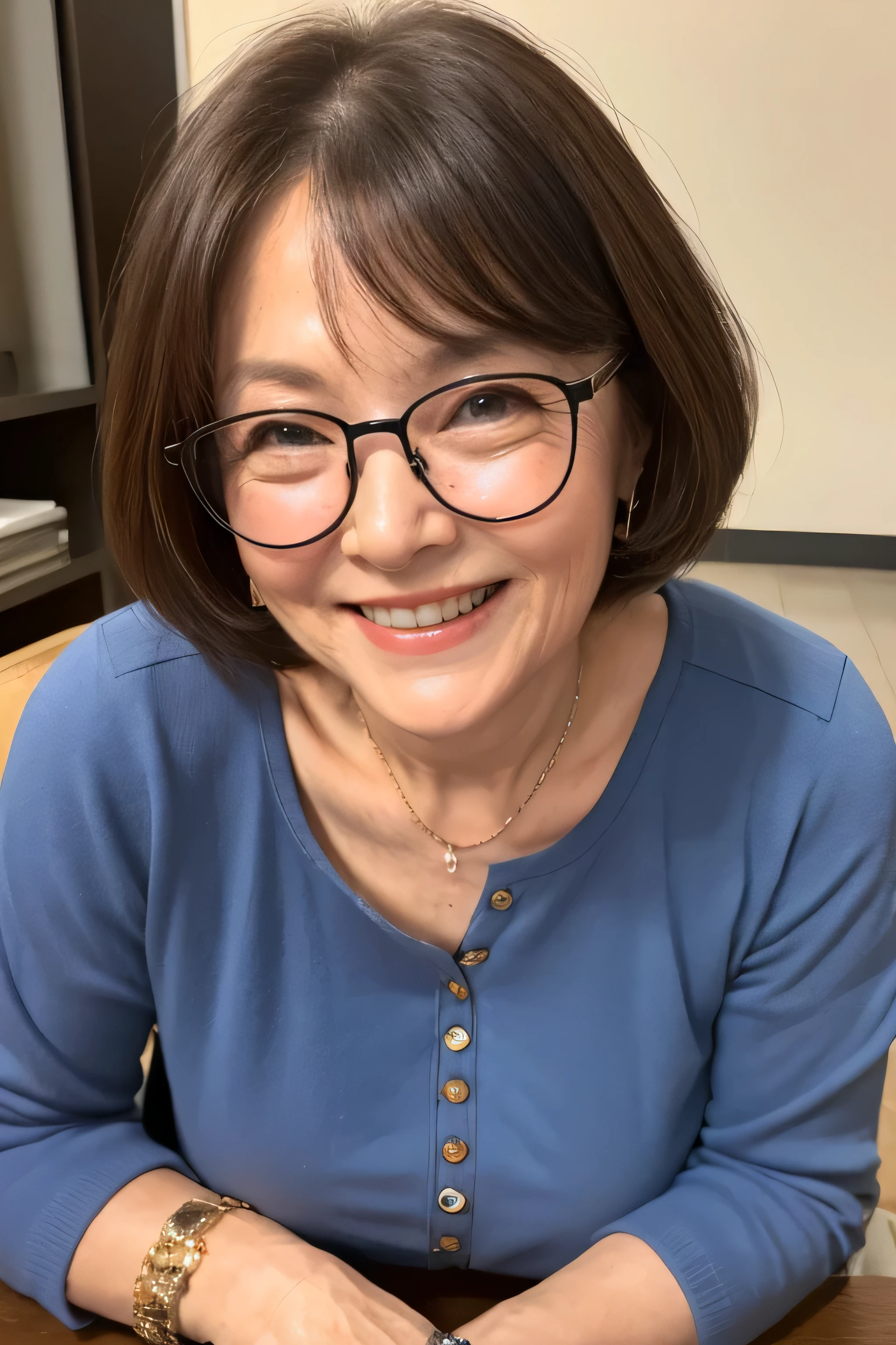 60 year old woman、(((facial wrinkles)))、Beautiful woman、smile、spread your legs、cute clothes,wear glasses