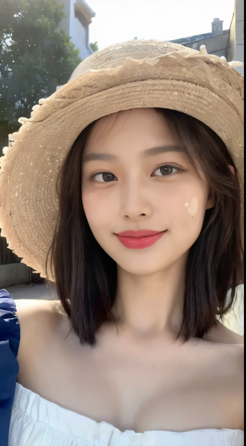 ((highest quality, 8k, masterpiece: 1.3)), (Sunscreen Straw Hat: 1.3), concentrated: 1.2, perfect body beauty: 1.4, buttocks: 1.2, (layered haircut: 1.2)), (dark street: 1.3), Highly detailed face and skin texture, whole body, delicate eyes, double eyelid, whitened skin, long hair, (round face: 1.5), (french dress: 1.6). Smiling at the seaside