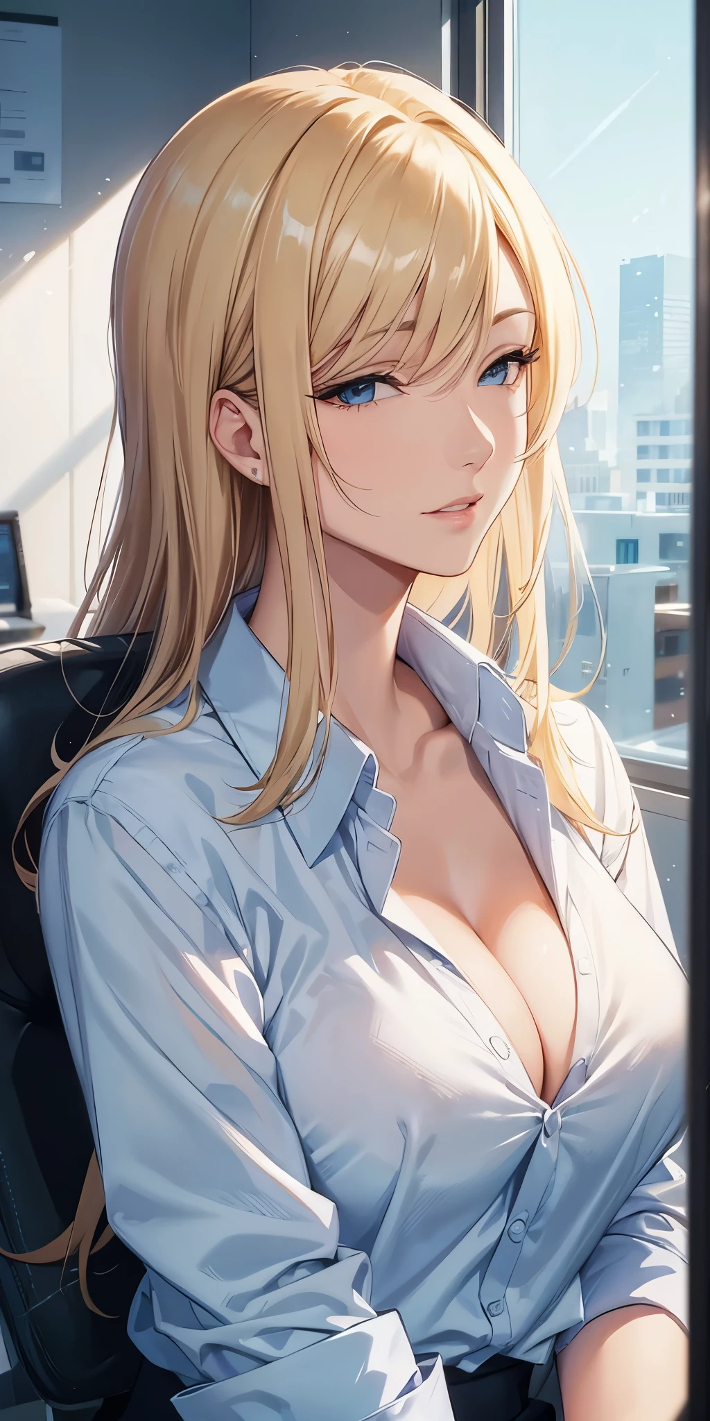 best quality, 4k resolution, portrait, elegant boss lady, fair skin, long straight hair, swept-side bang, [[[brown hair]]], blonde hair, office shirt, cleavage, office window, soft light, beautiful 
