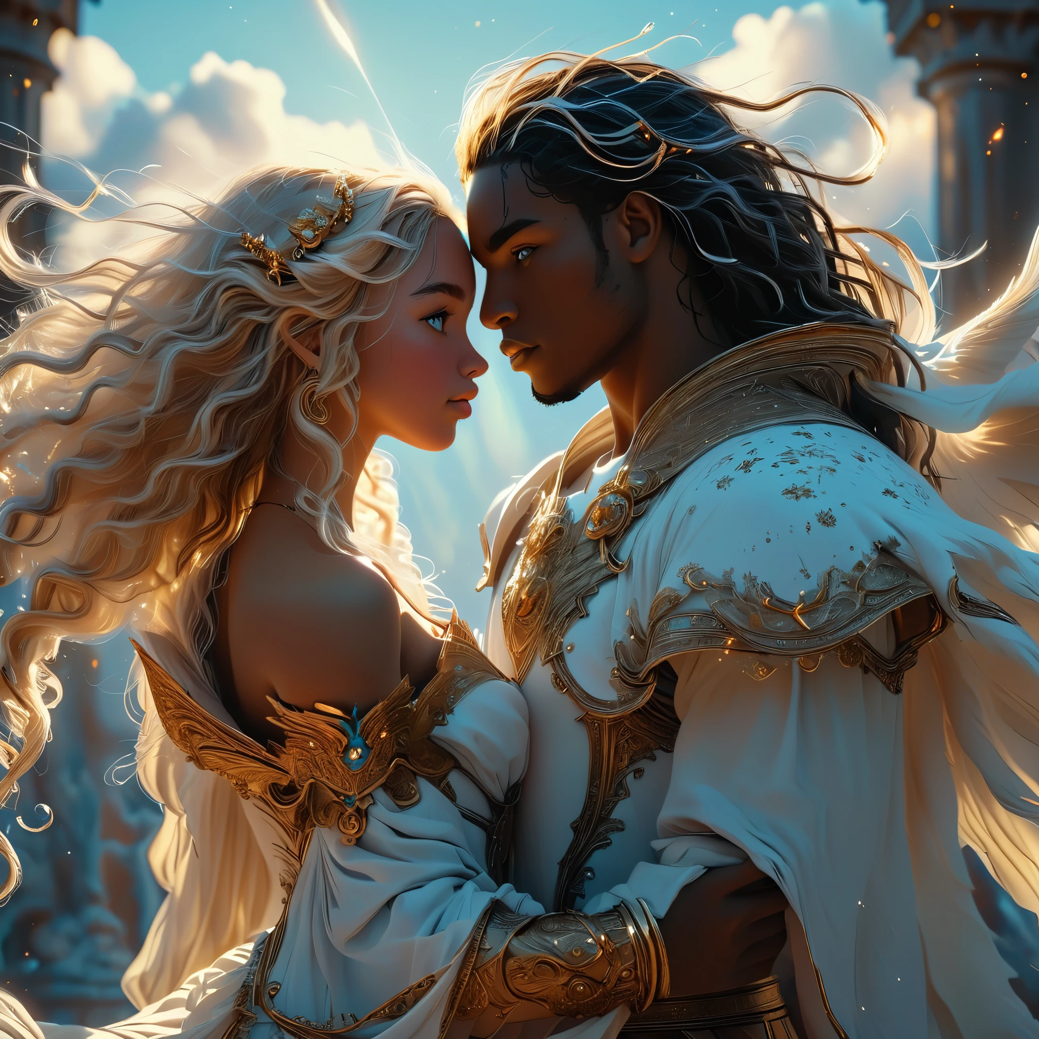 duo of warrior in a celestial landscape, young dark-skinned duo in their 20s, in hell, they are fighting each other, he is a prince of the fallen angels with long curly caramel hair, she is a mixed-race princess, she has freckles, she is blonde with grey eyes, Full body, 8K, extremely detailed, high quality, (photorealistic:1.37), Full body, ideal proportions and defined complexion, meticulously crafted features, unreachable beauty, perfection, breathtaking elegance, g curves, goddess-like figures, divine symmetry, artistic masterpieces, vivid realism, hyper-detailed sculptures, life-like forms, truly awe-inspiring, impeccable craftsmanship, pure radiance, ethereal beauty, delicate contours, striking poses, sublime beauty, subtle nuances, dynamic compositions, vibrant colors, perfect lighting, soulful expressions, celestial aura, majestic presence, dreamlike atmosphere, unmatched gdetailed octane render trending on artstation, 8 k artistic photography, photorealistic concept art, soft natural volumetric cinematic perfect light, chiaroscuro, award - winning photograph, masterpiece, perfect composition, beautiful detailed intricate insanely