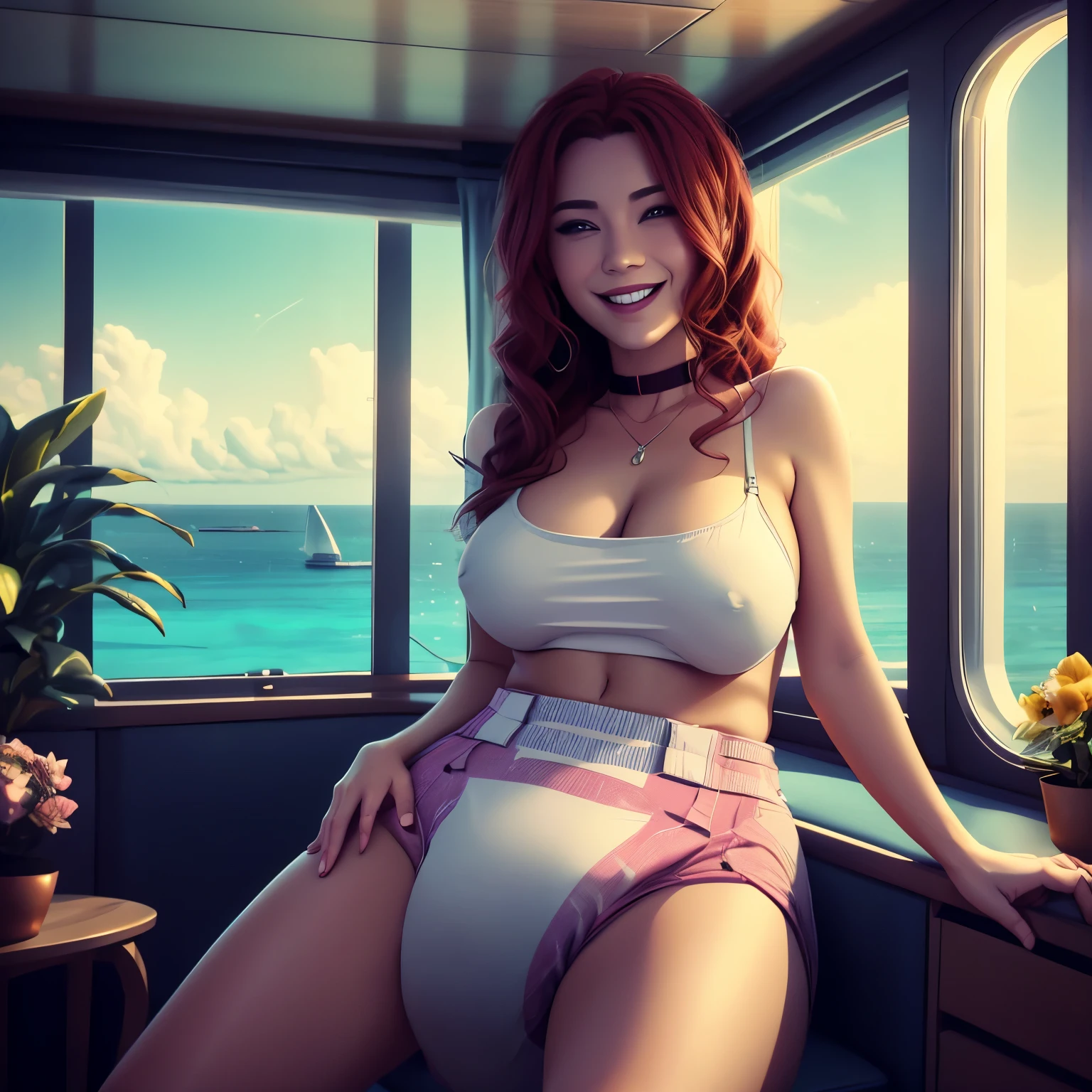 young woman, long red hair, human, light skin, curvy, black choker, large breasts, huge breasts, wearing a diaper, adult diaper, plain white diaper, thick diaper, bulky diaper, bulbous diaper, heavy diaper, naughty smile, in a cruise ship bedroom, sunny island seen out thr balcony, toplesss