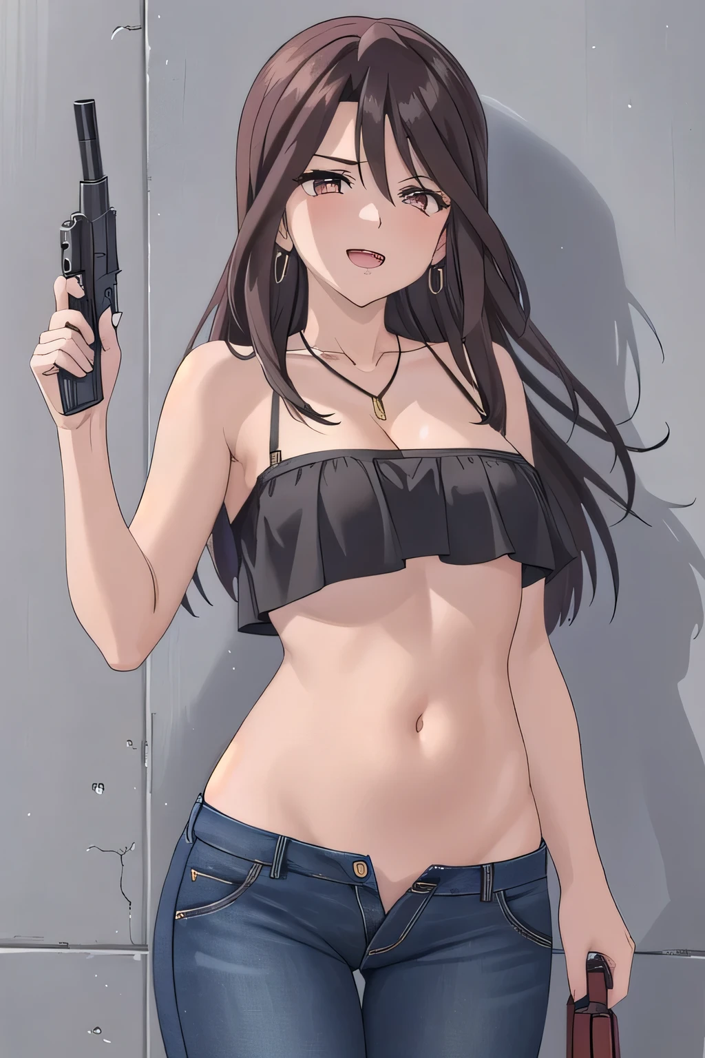 Sayoko, 1girl, solo, lipstick, earrings, necklace, masterpiece,high quality,4k, bare shoulder,belly,crop top,outdoor,cleavage,jeans,casual
dress,street,road,smile, open mouth, (nsfw) not safe for work, holding a gun,handgun, evil expression,
exposed belly, exposed navel, exposed midriff, exposed lower belly, crop top overhang, underboob,
unbuttoned jeans , low rise black jeans, Low rise jeans, Low rise jeans with open fly,