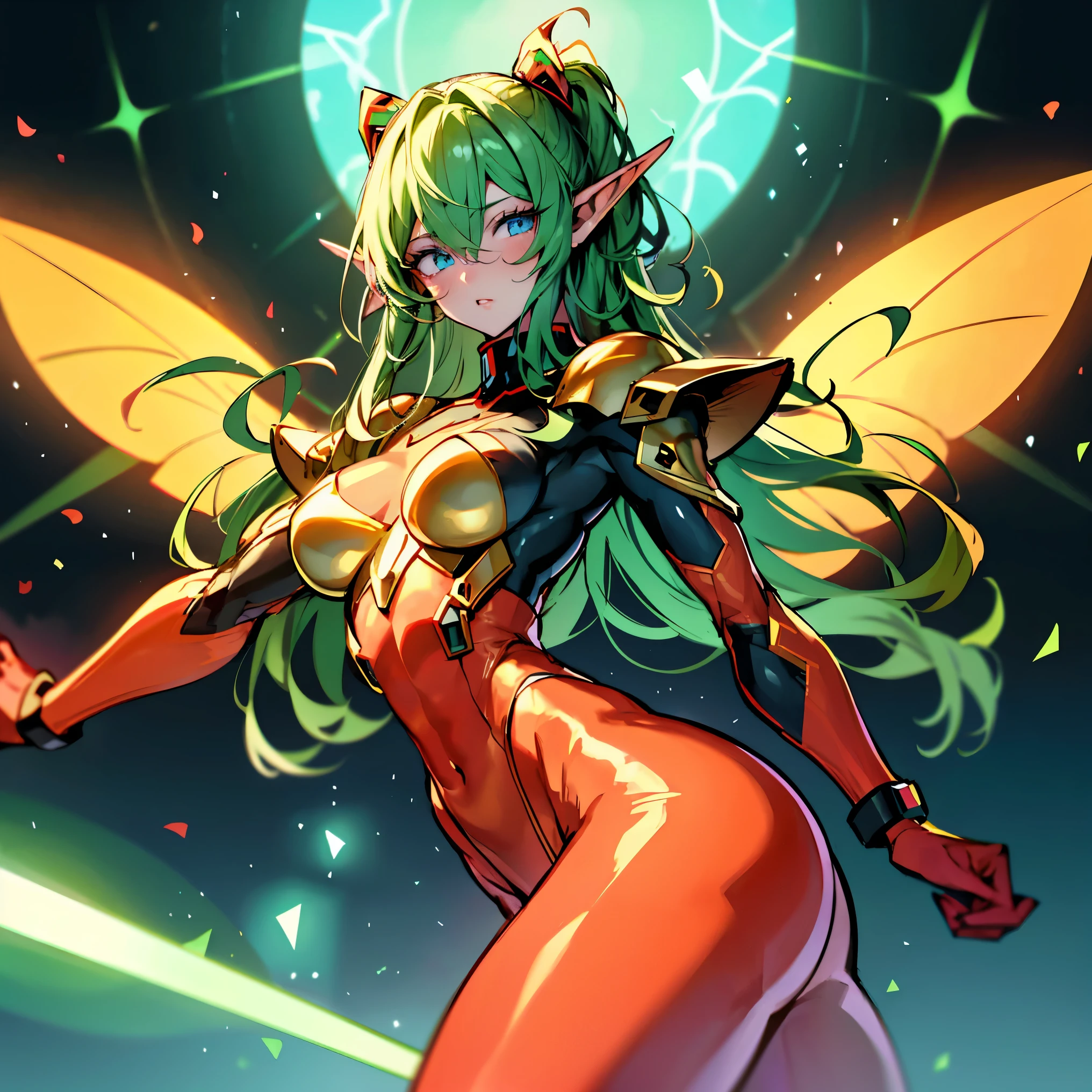(Cyberpunk Elf waifu), (high resolution), (high res), great quality, mature, very cute face, diamond face, perfect eyes, pixie wings, strong shadows, (neon light), neon, naked, detailed face, sparks, forest, day, (spell), detailed abs, light scars, shinying eyes, casting spell pose, point ears, direct light, underlight, strong jaw, golden sky, large , (fiary queen), (lewd armor), massive ass, thick thighs, long torso, wide waist, skinny torso, fit, perfect face, (skimpy armor), (colorful vibrant light), futuristic, sexy, (blushing), hot and bothered