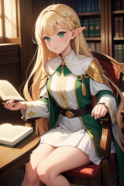 (((Masterpiece, highest quality, high definition, high detail)))), one, ((fantasy)))), (elf woman)))), (white short skirt with gold embroidery), (blonde long straight hair), (glossy dark green eyes), (green surcoat with gold embroidery), big, (((National Library of the royal capital)), (A large space with a lot of books)), sit in a chair and read a book , Particles of light flying