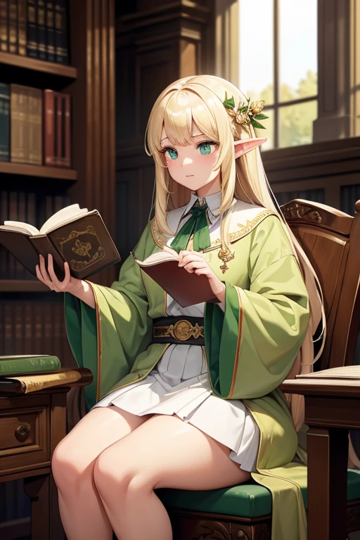 (((Masterpiece, highest quality, high definition, high detail)))), one, ((fantasy)))), (elf woman)))), (white short skirt with gold embroidery), (blonde long straight hair), (glossy dark green eyes), (green surcoat with gold embroidery), big, (((National Library of the royal capital)), (A large space with a lot of books)), sit in a chair and read a book , Particles of light flying