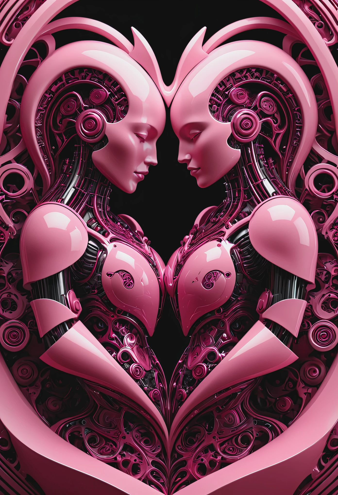 raw photo, two:2 borgs in love with a cybernetic heart:2 made of muted pink and crimson ceramic,fractal internals design, fractal symmetry, detailed, perfect symmetry, centered composition, Medium Long Shot, octane Render, diffuse studio light from all sides, 16K Resolution, realistic, Monochrome