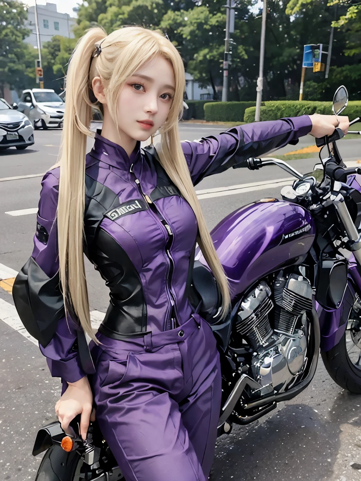  (realistic:1.5), 8k, Super delicate beauty, 1 girl, intricate motorcycle details, (short: 1.3), (highest quality: 1.0), (Super high sharpness: 1.0),（Beautiful and delicate depiction of eyes）,unreal engine:1.4, photorealistic:1.4, skin texture:1.4, masterpiece:1.8,highest quality、smile、long limbs、(((riding a motorcycle)))、(((Purple rider suit and long pants)))、(((twintail blonde)))