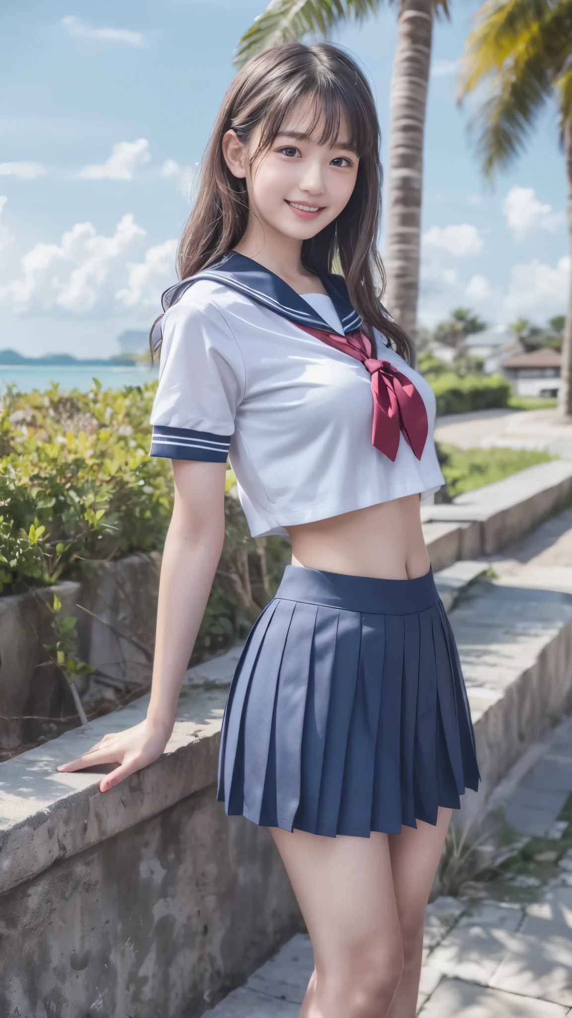 (best quality, 8k, 32k, masterpiece, UHD:1.2), (RAW photo), (realistic), (photorealistic:1.2), (high resolution), huge filesize, ultra-detailed, extremely beautiful face & eyes, 1girl, japanese ,14yo, 13yo, 12yo, round s face,y facein waist, beautiful bellarge breasts, slim proportions, perfect thin thighs, small butt, (darkblue pleated mini skirt, japanese sailor, sailor fuku, serafuku, japanese school sailor suit), nice hands, perfect hands, accurate hand depiction, sweaty, shy smile, pure white teeth, from below, (blue sky, summer, sun, beach, palm tree),