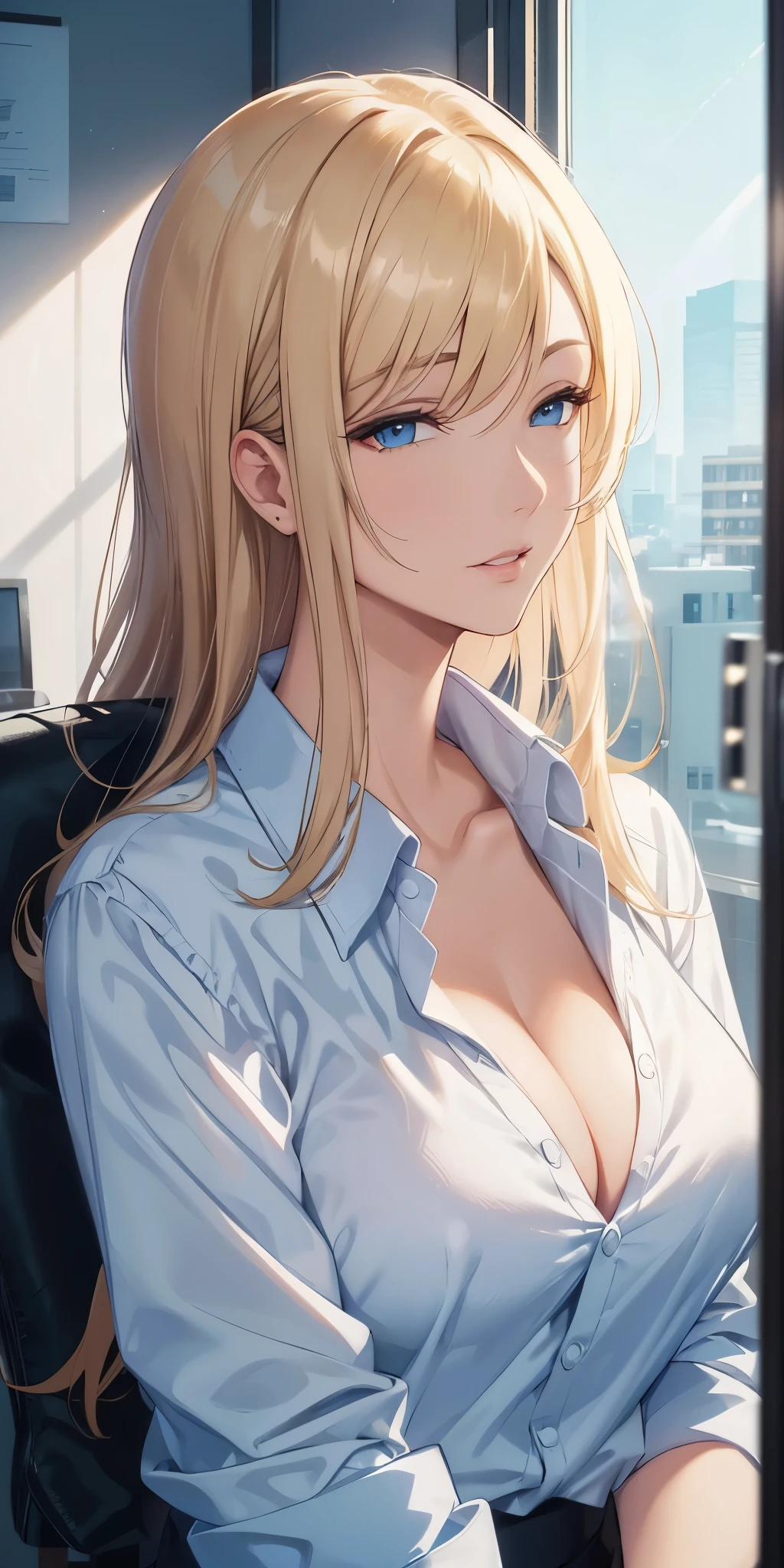 best quality, 4k resolution, portrait, elegant boss lady, fair skin, long straight hair, swept-side bang, [[[brown hair]]], blonde hair, office shirt, cleavage, office window, soft light, beautiful 