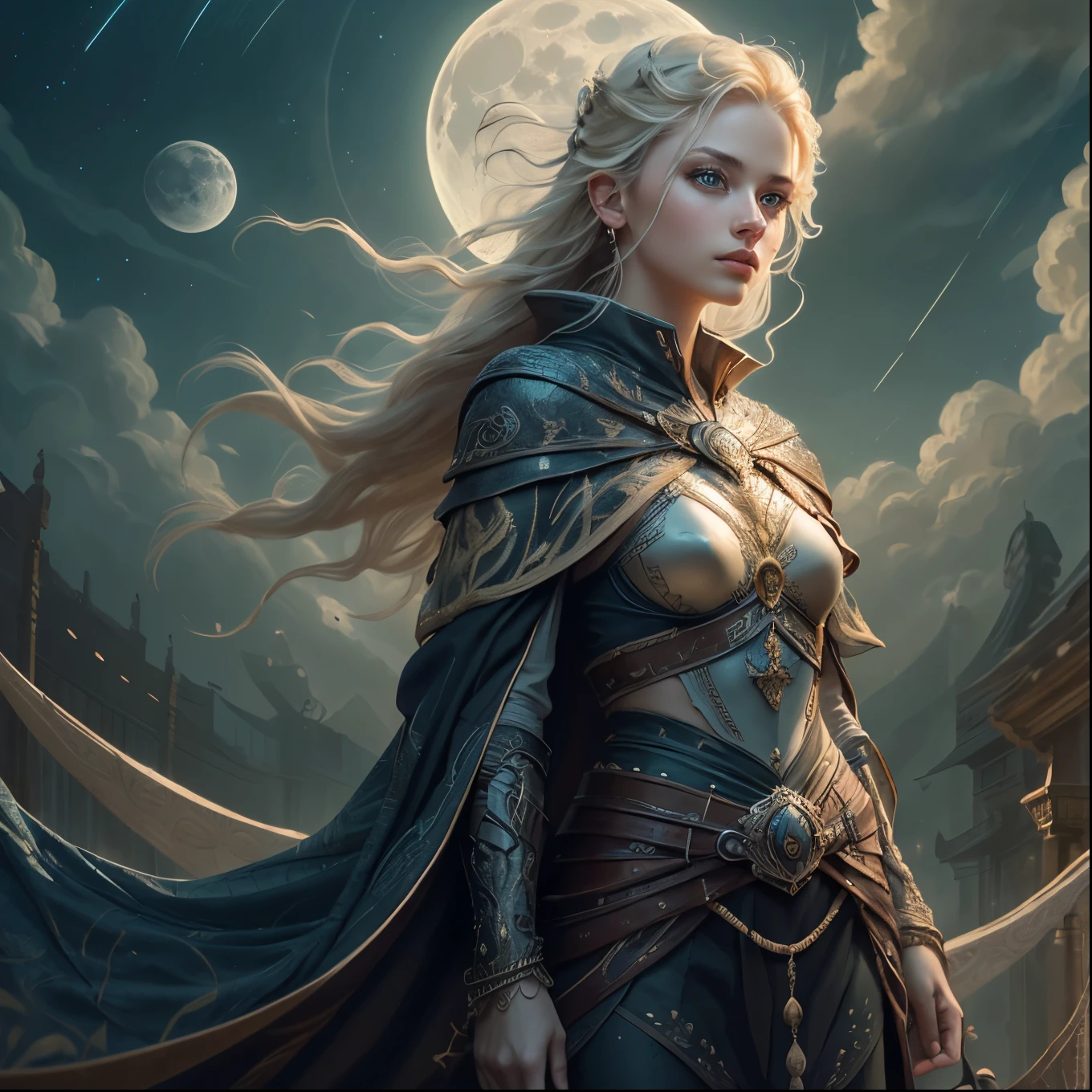 high details, best quality, 8k, [ultra detailed], masterpiece, best quality, (extremely detailed), ultra wide shot, photorealistic, fantasy art, dnd art, rpg art, realistic art, an ultra wide picture of female human cleric, holding a spear, wearing black cloak, black robe with stars sigils (intricate details, Masterpiece, best quality: 1.5), holy symbol casting a spell, white magical sigils (intricate details, Masterpiece, best quality: 1.5),  wearing black armor, plate mail armor (intricate details, Masterpiece, best quality: 1.5), stars and moon symbol, blue light from symbol, blond hair (intricate details, Masterpiece, best quality: 1.5), long hair, braided hair, small, intense eyes, green eyes, moon and strars background, ((divine worship atmosphere)), moon light high details, best quality, highres, ultra wide angle