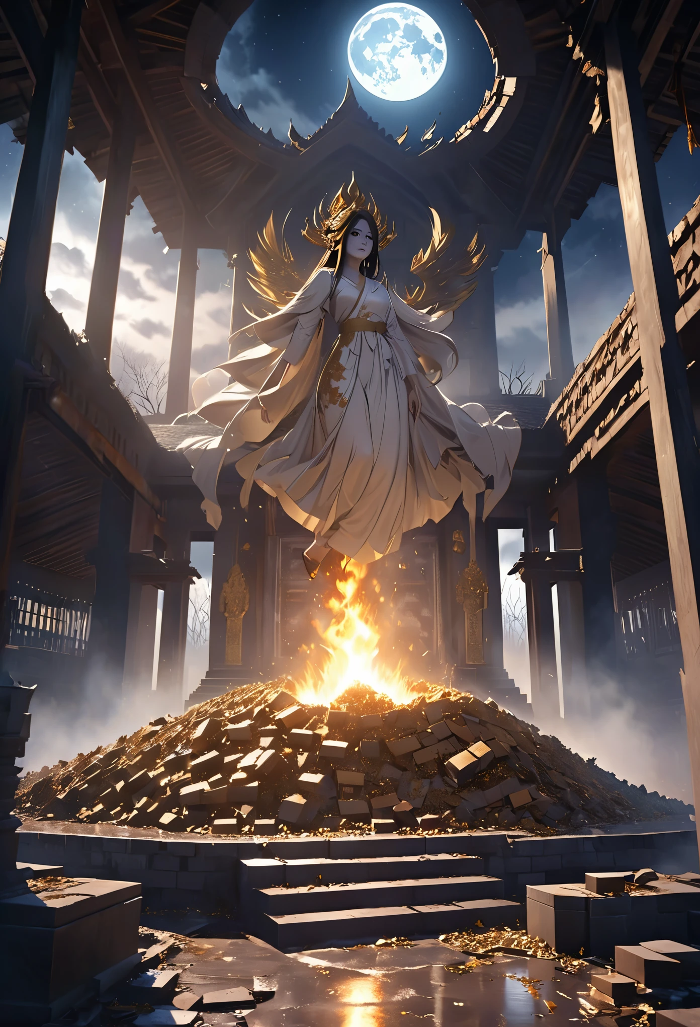 Thai architecture, The crematorium is made of bricks. Breaks down while in use, The bricks that fell turned into tons of gold, Animation}, 4K, Studio Jibli style, Photorealistic, Myth, night time, full moon lonely atmosphere, Ghosts in tattered white robes hovered over the crematorium., horror