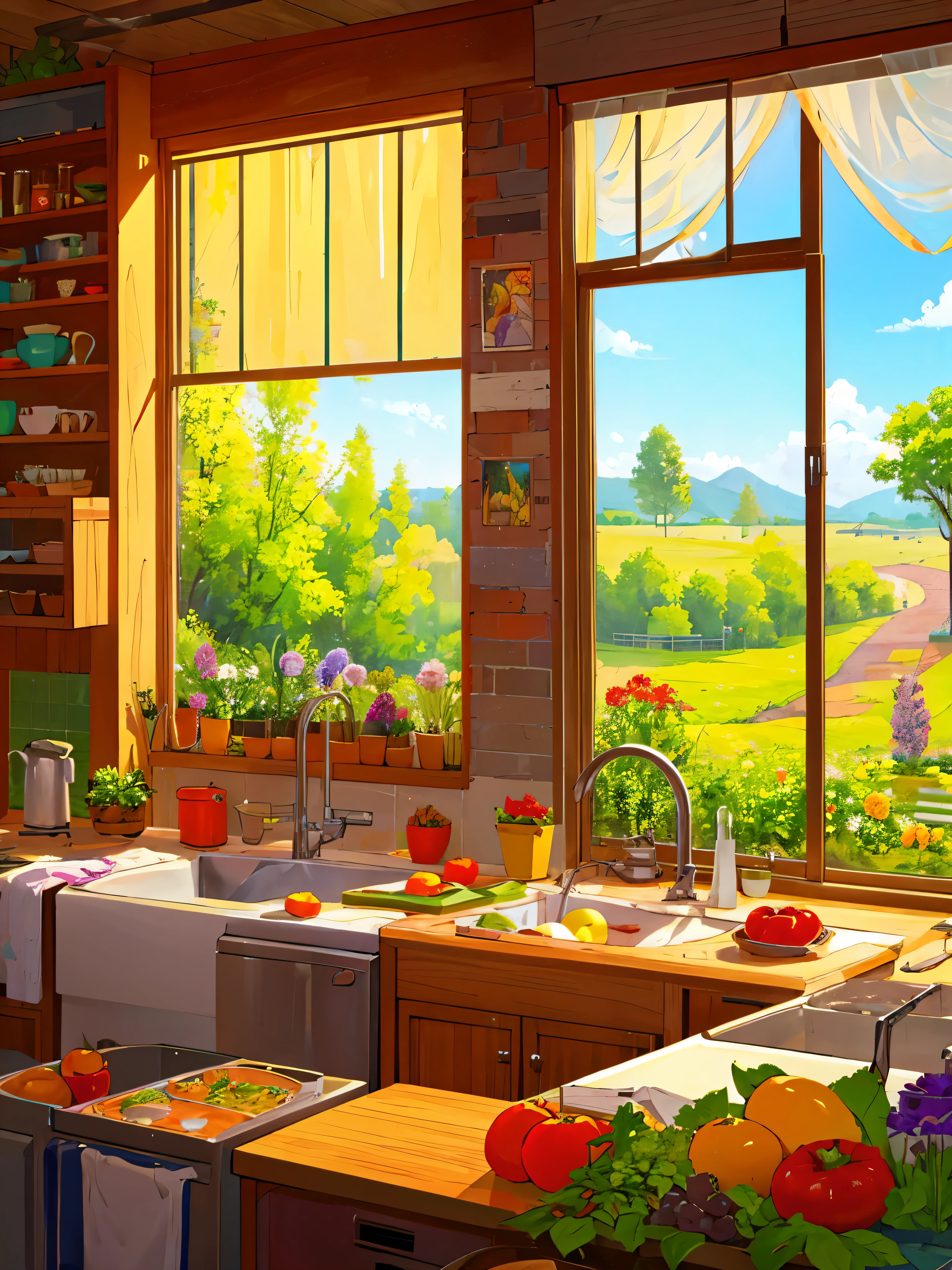 Kitchen with vegetables, flower park and trees view from window, sparkling, vibrant colors ,highly detailed, highly sharpened, masterpiece quality