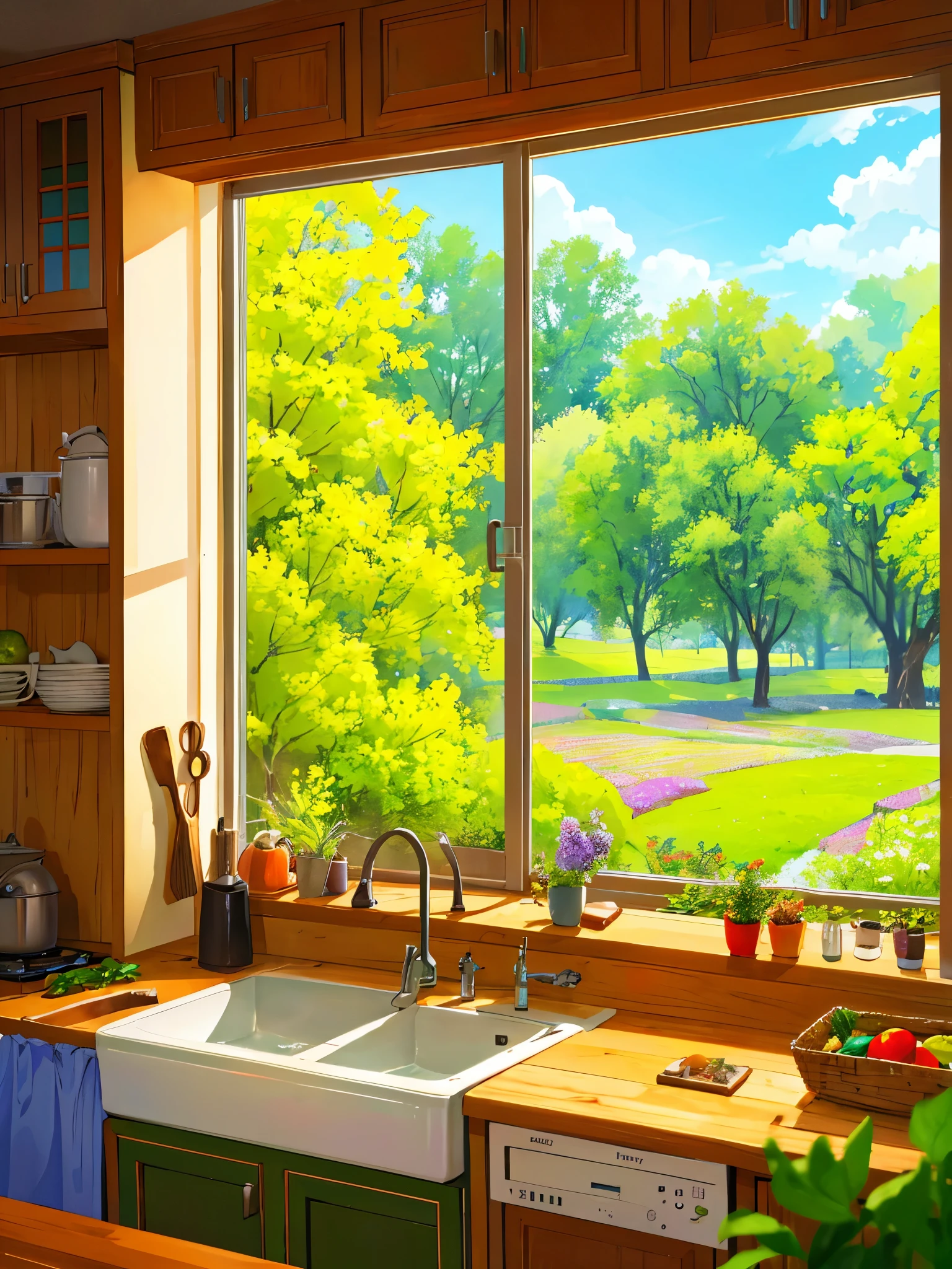 Kitchen with vegetables, flower park and trees view from window, sparkling, vibrant colors ,highly detailed, highly sharpened, masterpiece quality