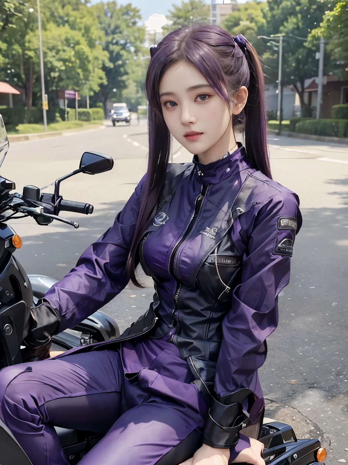  (realistic:1.5), 8k, Super delicate beauty, 1 girl, intricate motorcycle details, (short: 1.3), (highest quality: 1.0), (Super high sharpness: 1.0),（Beautiful and delicate depiction of eyes）,unreal engine:1.4, photorealistic:1.4, skin texture:1.4, masterpiece:1.8,highest quality、smile、long limbs、(((riding a motorcycle)))、(((Purple rider suit and long pants)))、(((twin tail hair)))