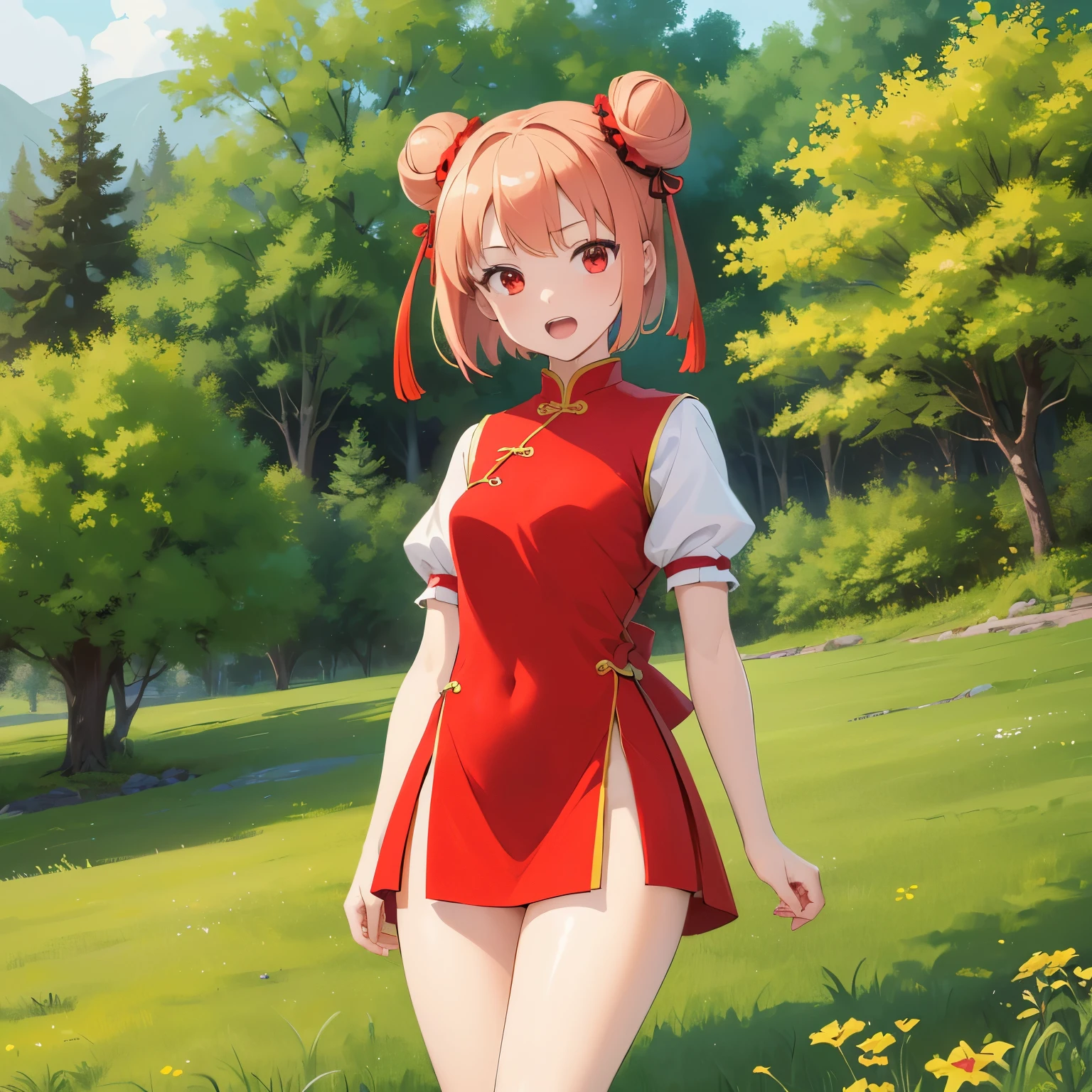 (highest quality:1.4), (Highest image quality:1.4), (masterpiece:1.4), (highest resolution:1.4), anime style, 1girl, foot focus, full body, ha looking at viewer, meadow, (pale skin:0.8), , light red hair, short hair, double bun, smugness, red eyes, open mouth, small breasts, Chinese dress, stand, (Thighs:1.2), fantasy,