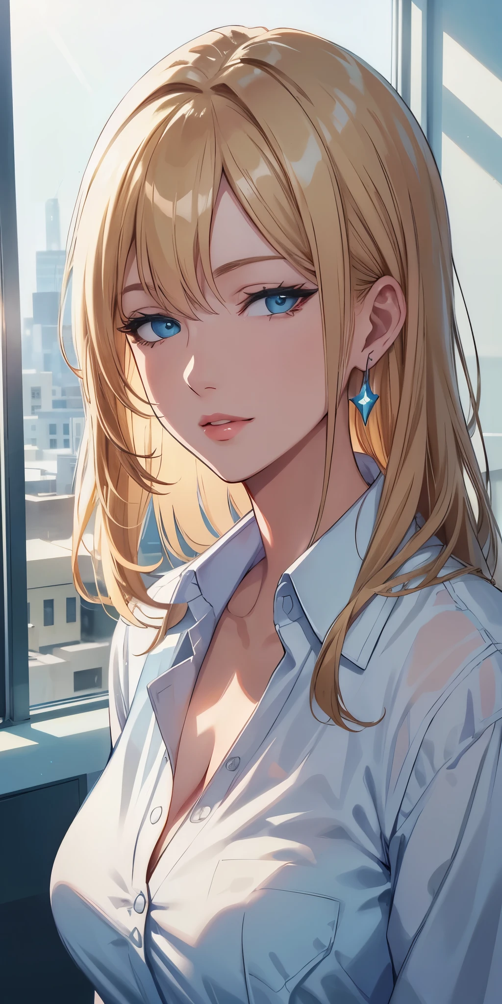 best quality, 4k resolution, portrait, elegant boss lady, fair skin, long straight hair, swept-side bang, [[[brown hair]]], blonde hair, office shirt, cleavage, office window, soft light, beautiful 