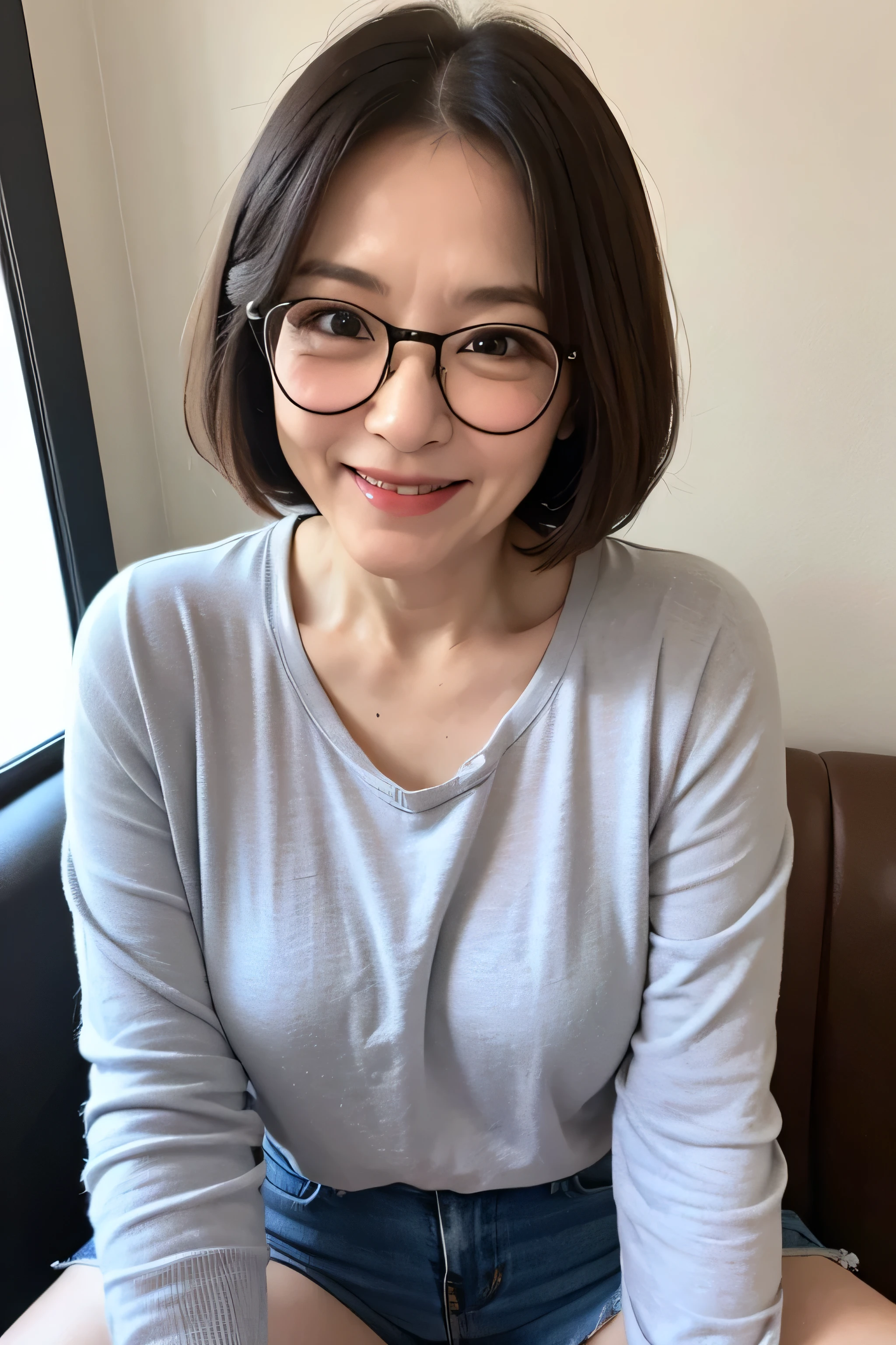 60 year old woman、(((facial wrinkles)))、beautiful woman、smile、spread legs、cute clothes,wear glasses