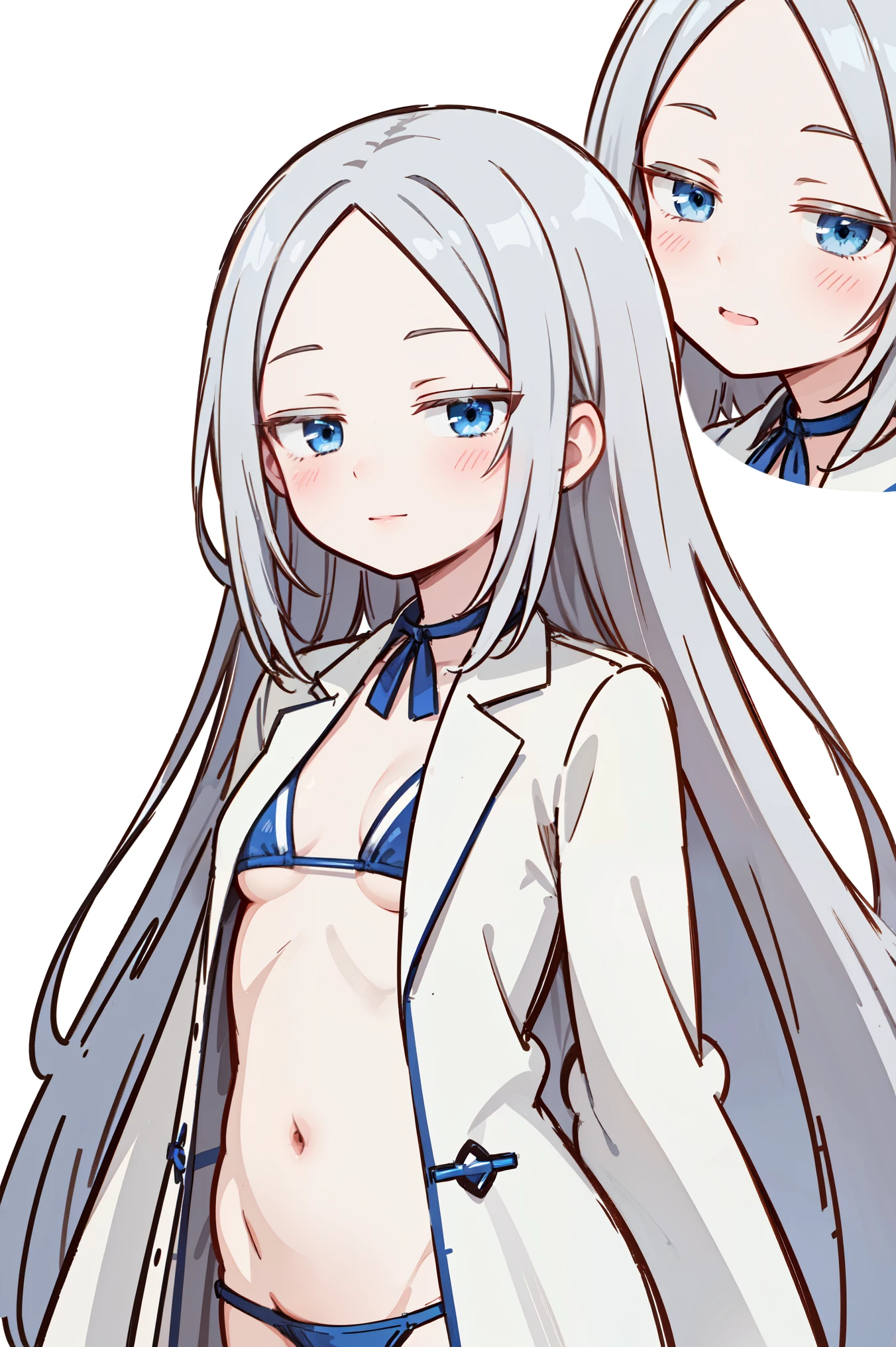 (masterpiece, best quality, ultra high quality, by quan, sketch:1.1), ((portrait)), young girl, 1girl, solo, pandora, blue eyes, long hair, grey hair, white hair, forehead, blush, bangs, small breasts, parted bangs, barefoot, neutral, innexpressive, small smile, thighicro bikini)), (overcoat, white coat), curvy, (arms behind back), upper body, standing,, isometric lightning, white background, simple background