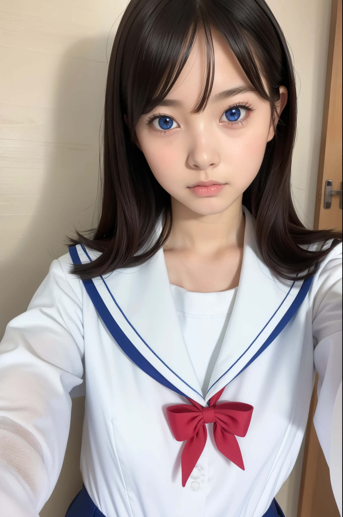 1girl, (solo), (selfie), (17 years old), ((beautiful anime eyes with fine detail)), realistic skin, sailor suit
