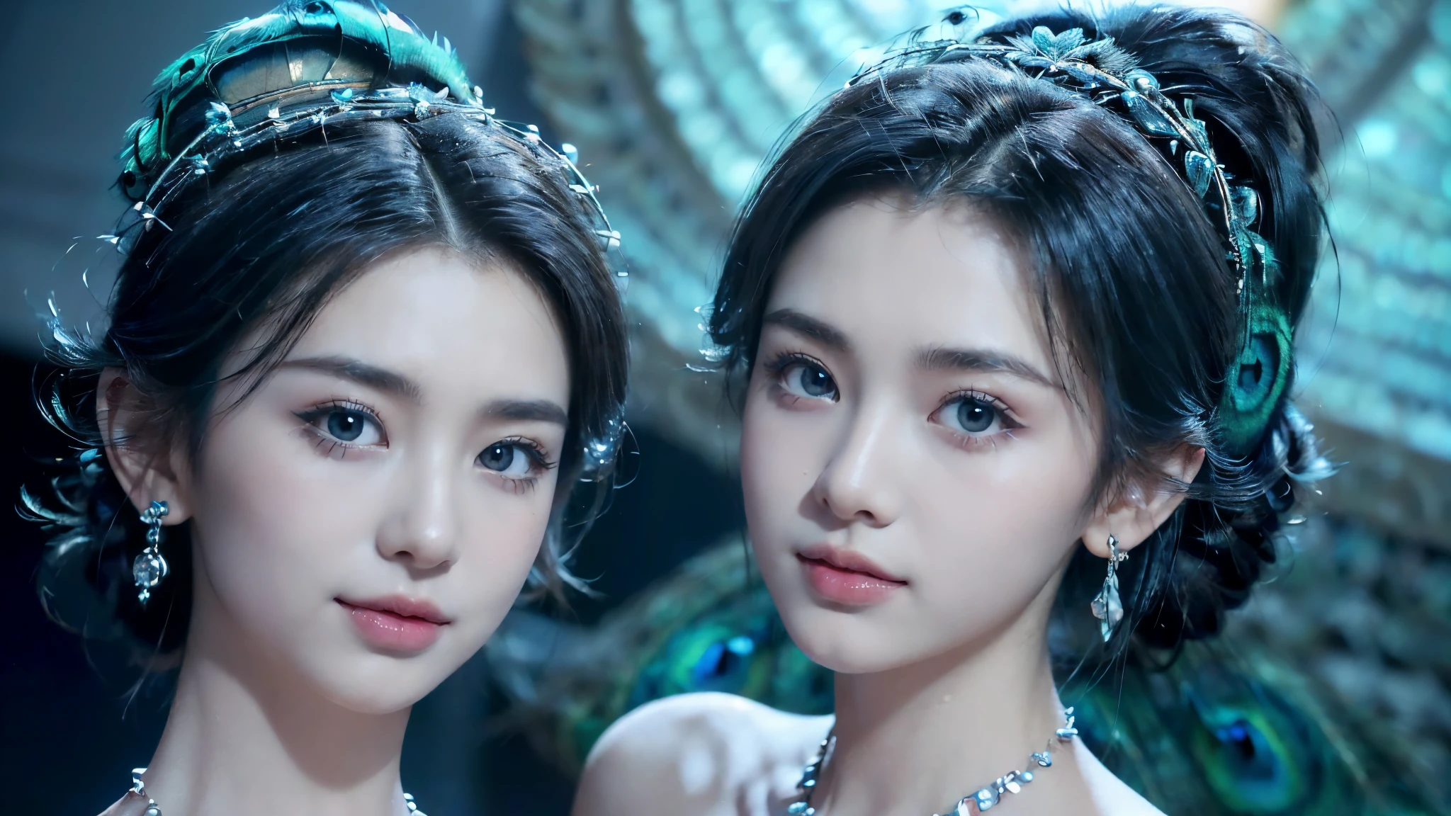 ((((8k))),((Extremely meticulous CG)) ,(wallpaper),16k,((Extremely refined and beautiful)),(((Masterpiece))),(((best qualtiy))),(((Ultra High Resolution))),beautiful light up,Perfect lightning,realistic shaded,((high resolution)),(Smooth and flawless fair skin:1.5),(pale skin:1.3),(Extremely exquisite facial details:1.2),(perfect body:1.1),(ultra-detailed),((A beautiful girl,solo)),(small head:1.2),(princess crown:1.2),(short ponytail:1.2),(small face:1.2),(baby face:1.3),(Exquisite makeup:1.2),(earrings:1.2),(crystal necklace:1.2),(small breasts:1.2),(flat chests:1.2),((slim,thin)),(happy:1.2),(smile:1.2),(gorgeous dress made of blue peacock feathers:1.3),(night scene:1.5),(indoor:1.2),(In a luxurious palace:1.3),(detailed background:1.5),(standing:1.3),(close-up of face:1.3),(from front:1.3),