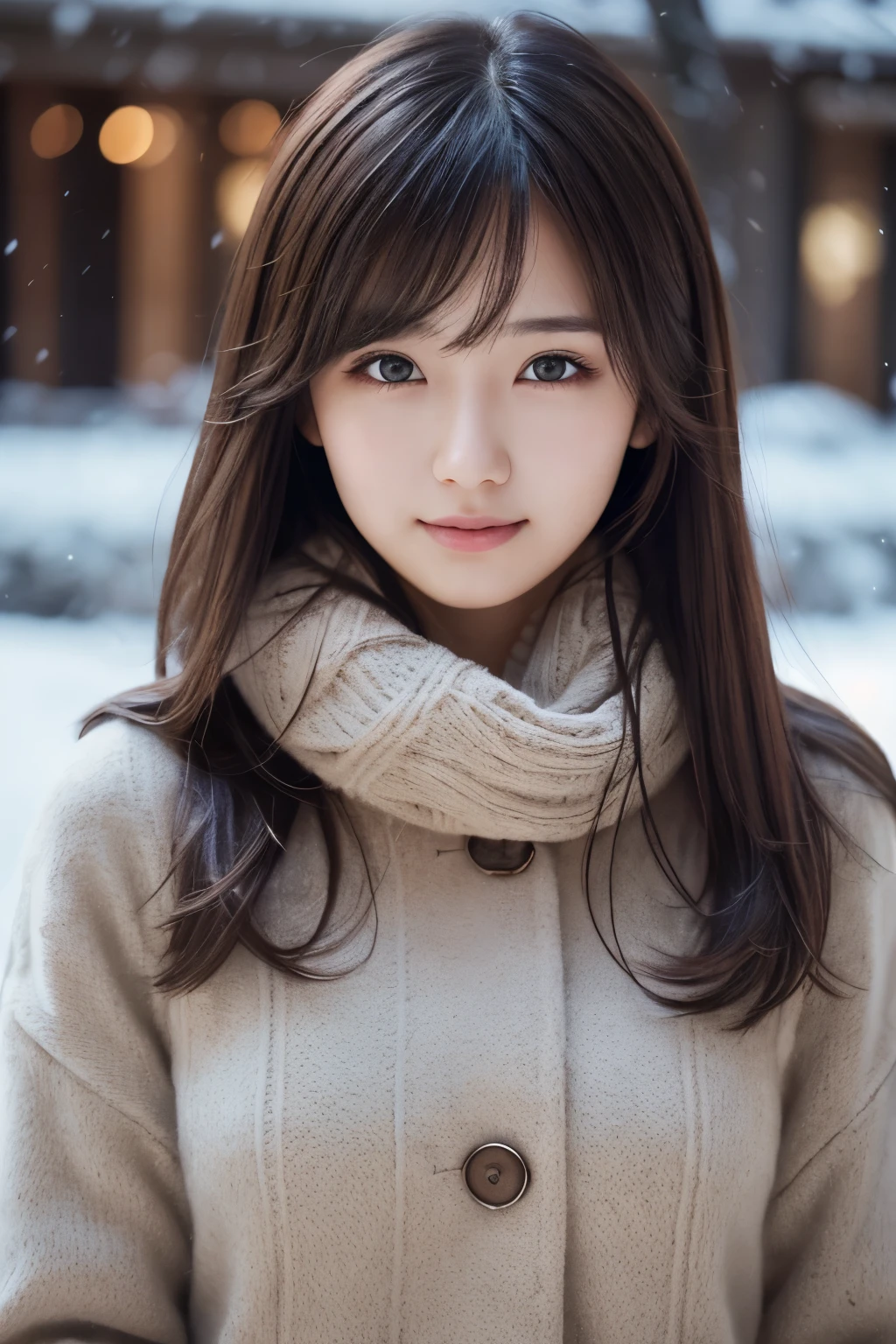 1 girl, (wear winter clothes:1.2), (immature, highest quality), (realistic, Photoreal:1.4), table top, very delicate and beautiful, very detailed, 2k wallpaper, wonderful, finely, very detailed CG Unity 8K 壁紙, super detailed, High resolution, soft light, beautiful detailed girl, very detailed目と顔, beautifully detailed nose, detailed and beautiful eyes, cinematic lighting, winter scenery, perfect anatomy, slender body, taut, straight semi-long hair, bangs, looking at the viewer, slight smile