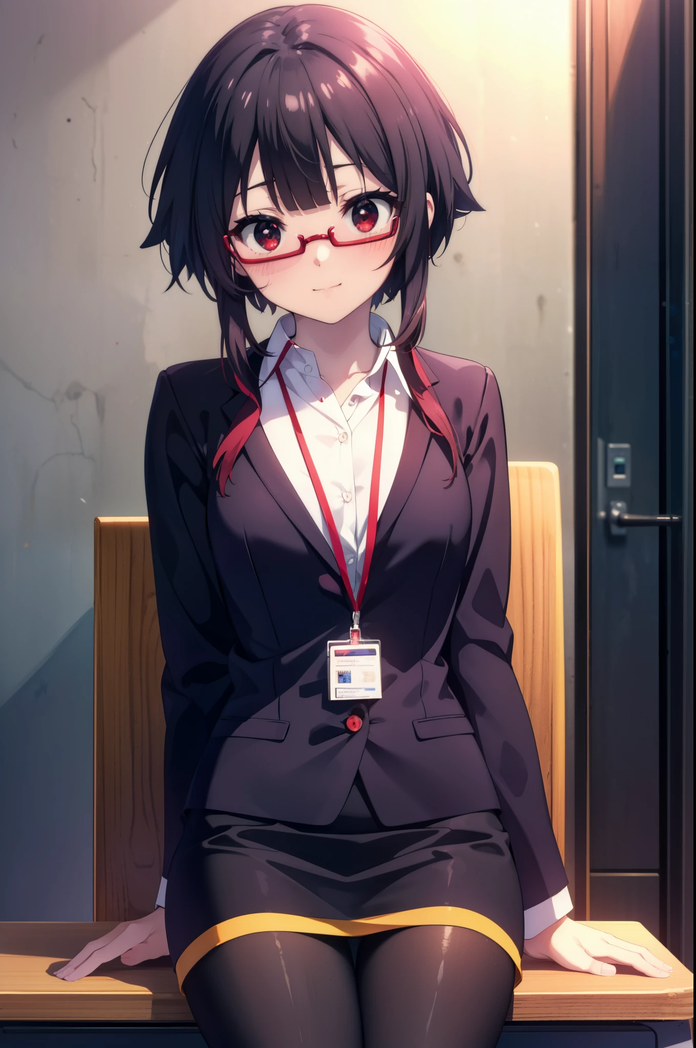 konosubaMegumin, Megumin, short hair, black hair, (red eyes:1.3), short hair with long locks,
OL, red glasses, end, black suit jacket, collared jacket, white dress shirt, collared shirt, neckline, button, strap, ID card on neck, black pencil skirt, black pantyhose,stiletto heels, smile, blush,There is a computer on the desk.,sitting in a chair with legs crossed,interior,
break indoor, office,
break looking at viewer, (cowboy shot:1.5),
break (masterpiece:1.2), highest quality, High resolution, unity 8k wallpaper, (figure:0.8), (detailed and beautiful eyes:1.6), highly detailed face, perfect lighting, Very detailed CG, (perfect hands, perfect anatomy),