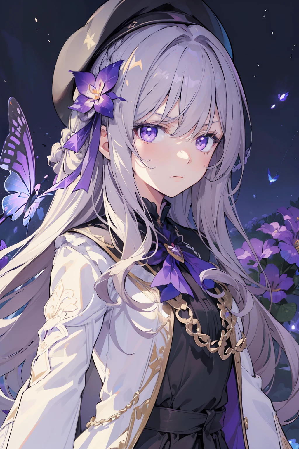 (best quality:1.3), (masterpiece:1.3), (illustration:1.3), (ultra-detailed:1.3), 1girl, solo, very young, flat chest, purple eyes, white hair, long hair, white dress, black coat, black beret, serious expression, angry expression, looking at viewer, purple flower, hair ornament, short, french braid, night sky, glowing purple butterfly,