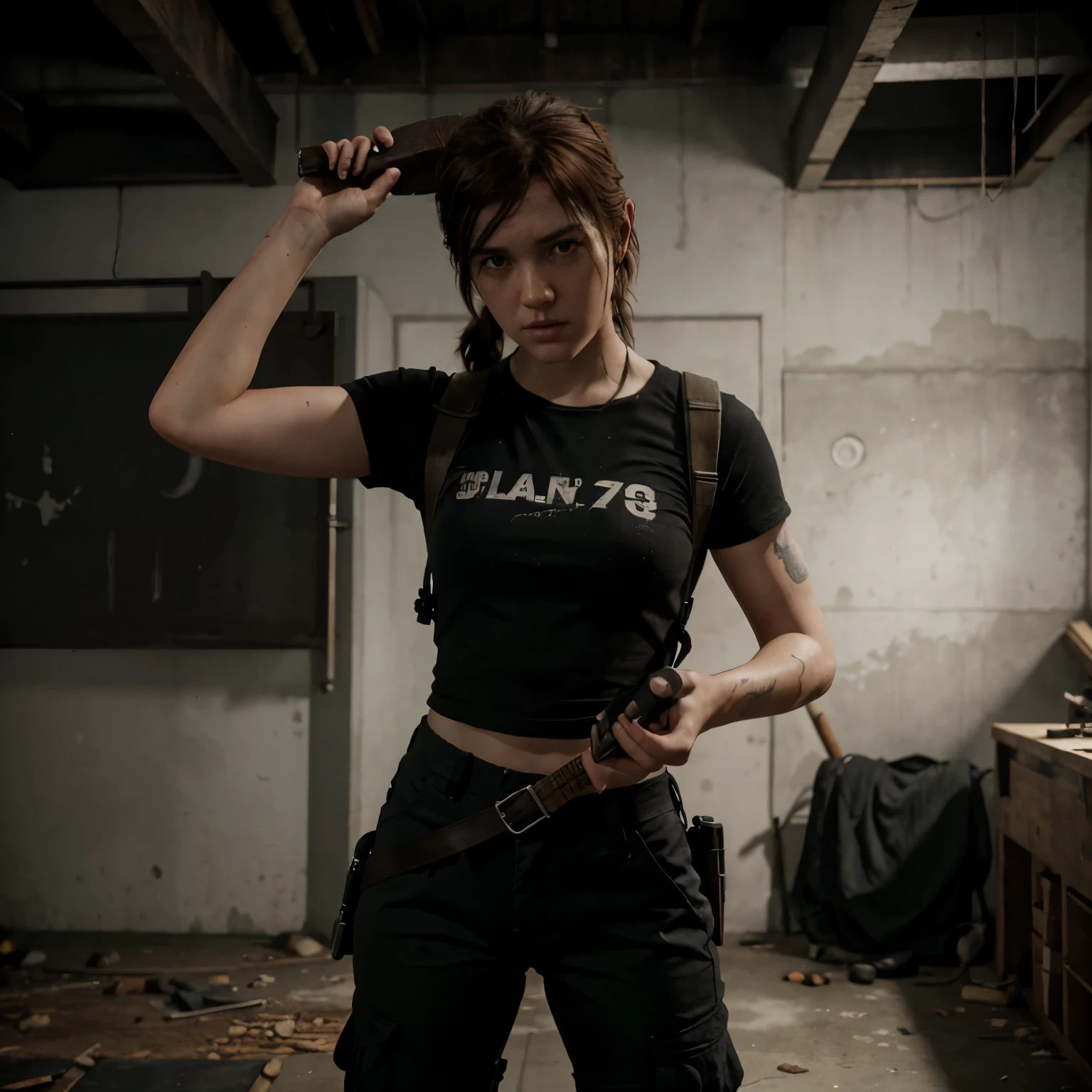 ellie williams , the last of us part 2, video game, holding axe behind head, wearing black tshirt and cargo firefighter pants, front view