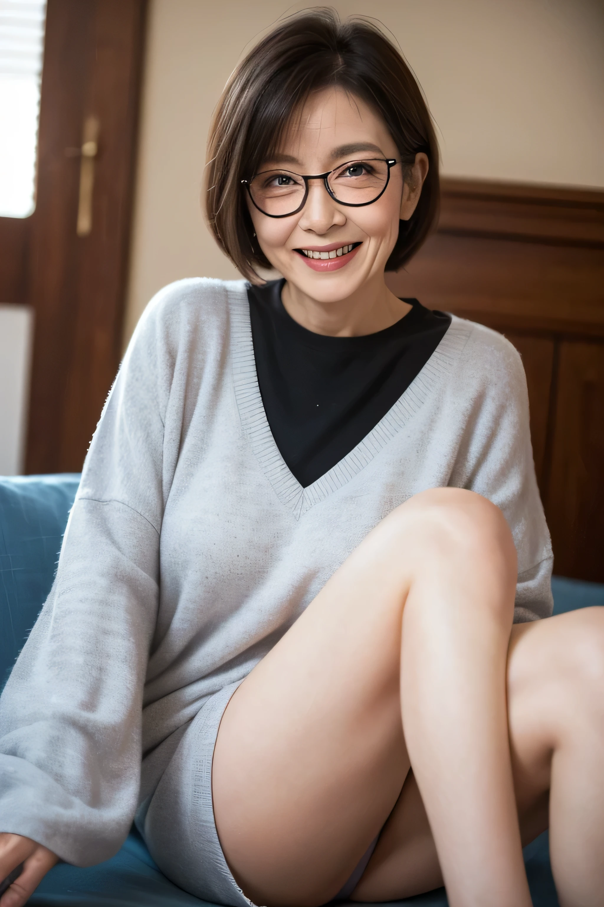 60 year old woman、(((facial wrinkles)))、Beautiful woman、smile、spread your legs、cute clothes,wear glasses