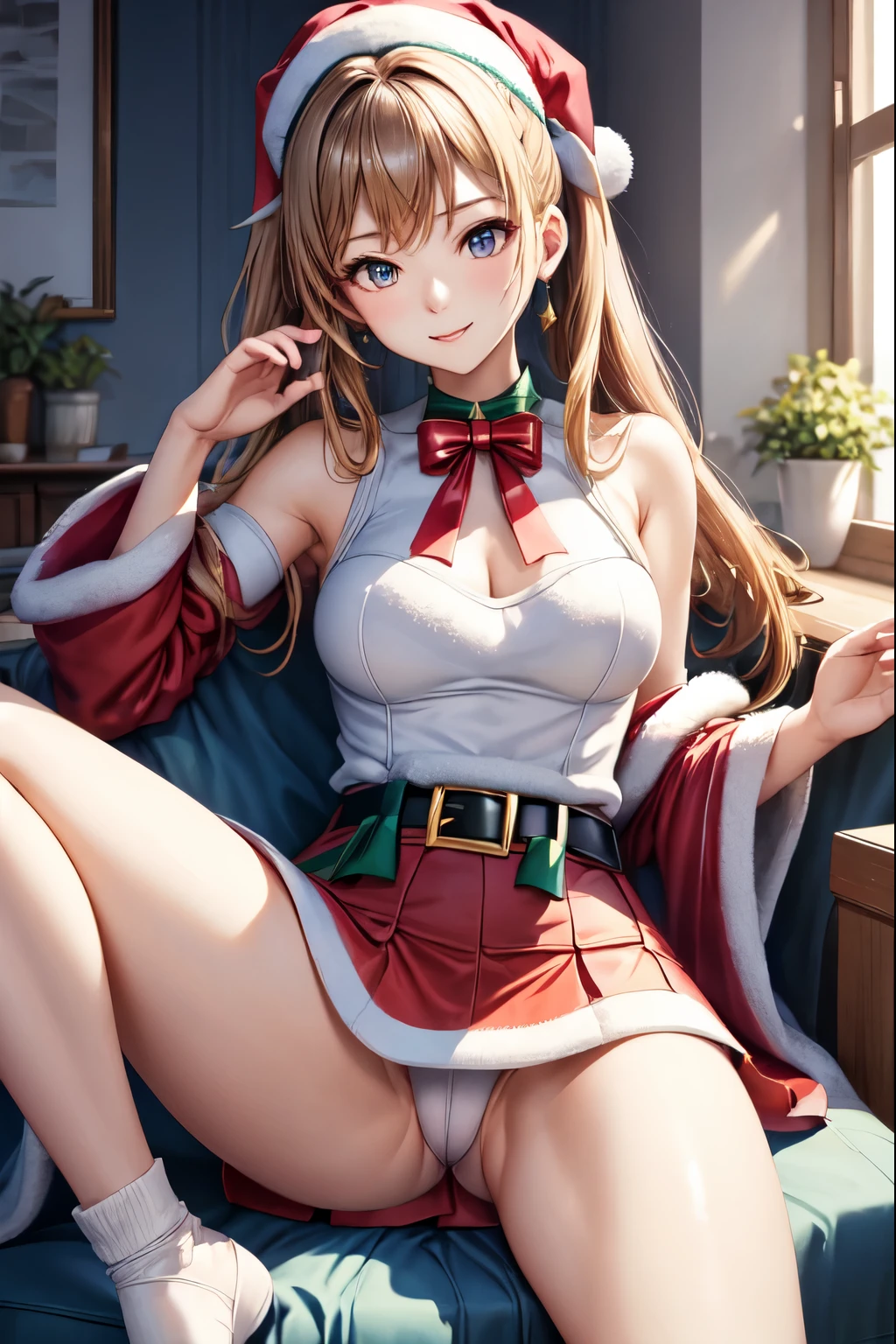 ((highest quality)), ((masterpiece)), (Detailed miniskirt Santa), perfect face、Wear only miniskirt dress、spread her legs、show white panties,sexy