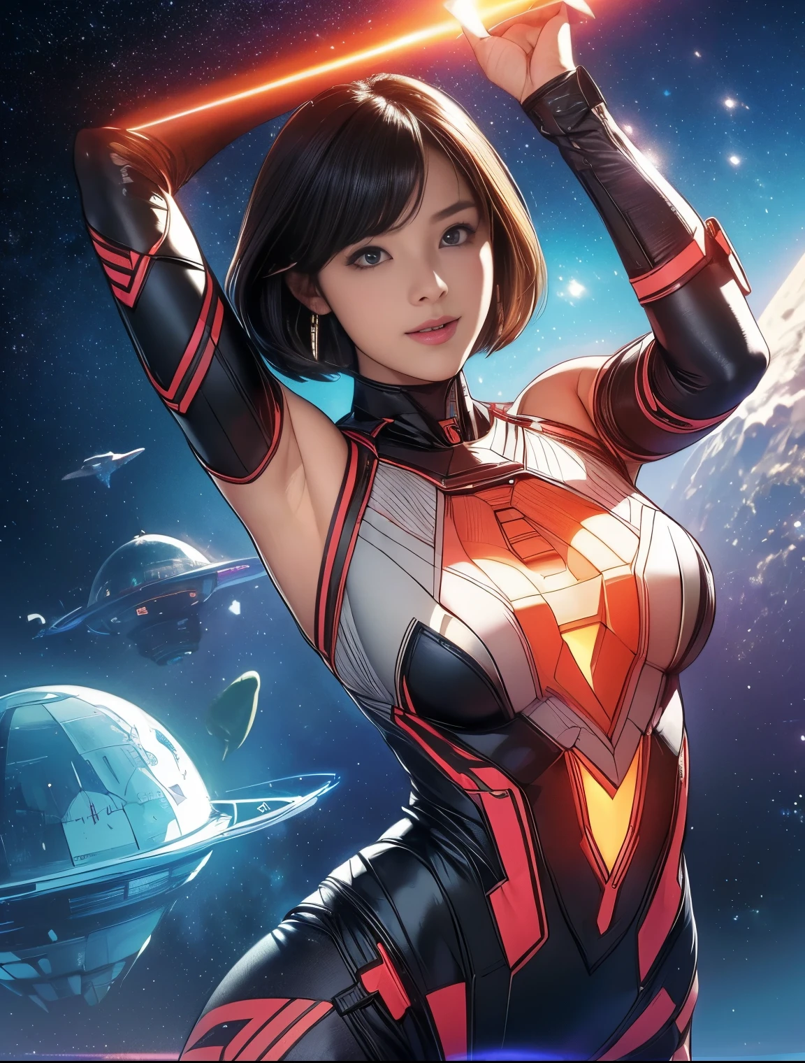 (original photo, best quality), (actual, photorealism:1.3), 1 girl, bob cut、earrings、Smile、actualbody,old space costume、ancient、rock、ancientの儀式、Pyramid shaped UFO flying from space、laser light、 (( Japanese girl)), ((armpit hair、armpit hairを見せる、raise arms、armpit))