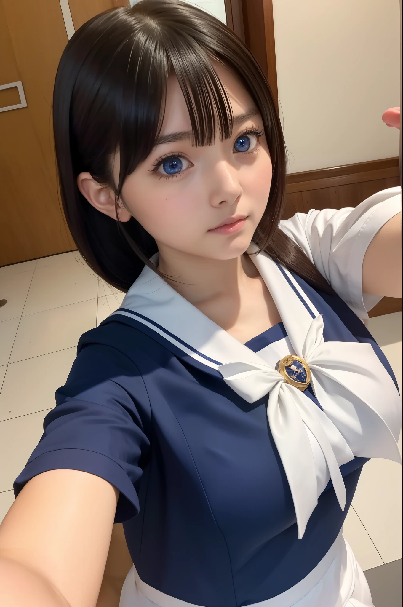 One girl, (alone), (Selfie), (), Huge breasts:1.4,tiful anime eyes with great detail)), Realistic Skin, Sailor suit, (Navy blue pleated mini skirt),((Sexual seduction po))、