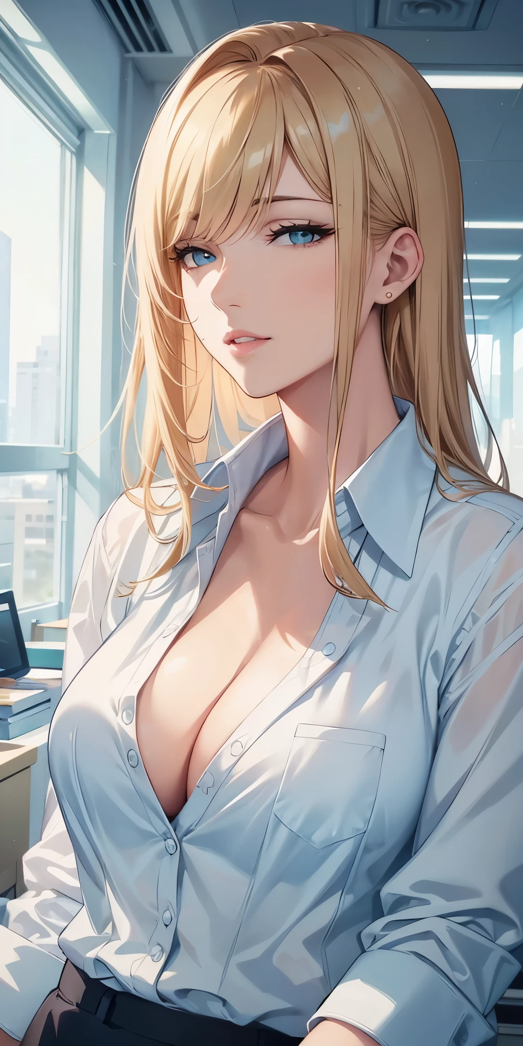 best quality, 4k resolution, portrait, elegant boss lady, fair skin, long straight hair, swept-side bang, [[[brown hair]]], blonde hair, office shirt, cleavage, office window, soft light, beautiful 