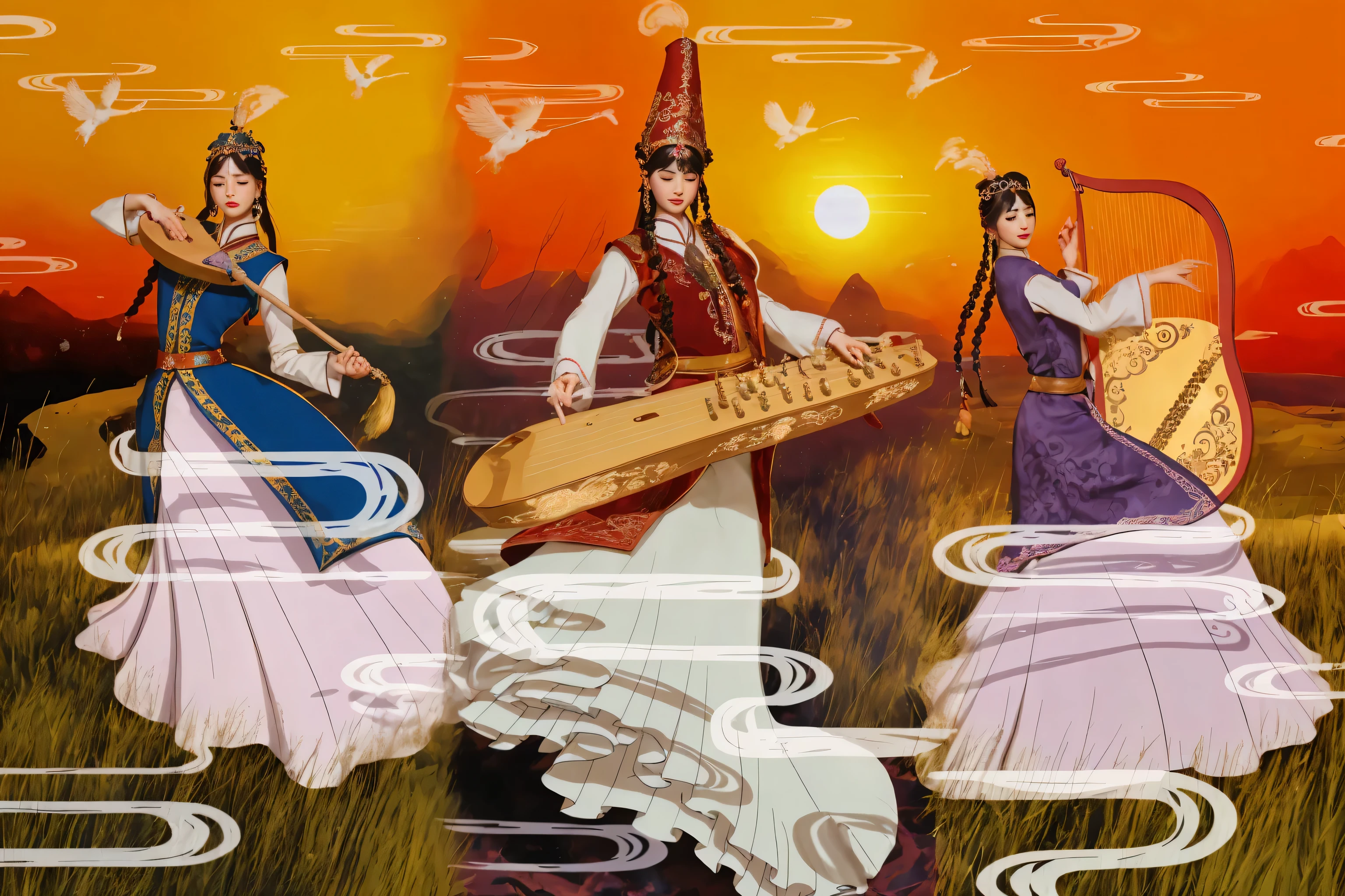 Scene of three people wearing Xinjiang costumes playing musical instruments, Inspired by Luji, inspired by Yang Buzhi, On the grassland at dusk,Clear clouds。clear sunset,super detailed的草原,Z style art, Illustrations inspired by Persian folklore, Inspired by Song Maojin, Inspired by Ji Yunfei, Persian folk storytelling art style, A beautiful artistic illustration, With Xinjiang artistic style, China.person with eyes closed (best quality, 4k, 8k, high resolution, masterpiece:1.2), super detailed, (actual, photoactual, photo-actual:1.37), high dynamic range, ultra high definition, studio lighting, Ultra-fine painting, sharp focus, Physically based rendering, extremely detailed description, professional, bright colors, Bokeh, portrait, landscape,, Science fiction, photography, concept artist, Vibrant shades, Picturesque lights.