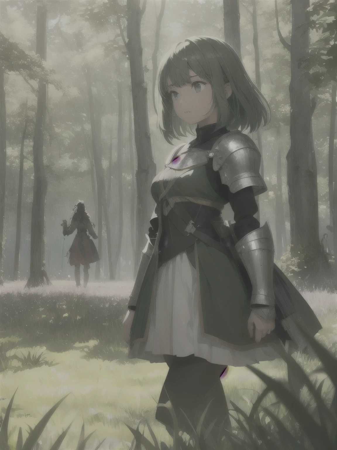 In a green meadow stands a girl leading a group of knights.
BREAK With a brave expression, she guides them towards their destiny.
BREAK Behind her, a green forest stretches and beyond, montanhas se erguem ao longe.
BREAK The most appropriate effect for this scene would be a watercolor painting technique to capture the softness of the meadow and the fluidity of movement.