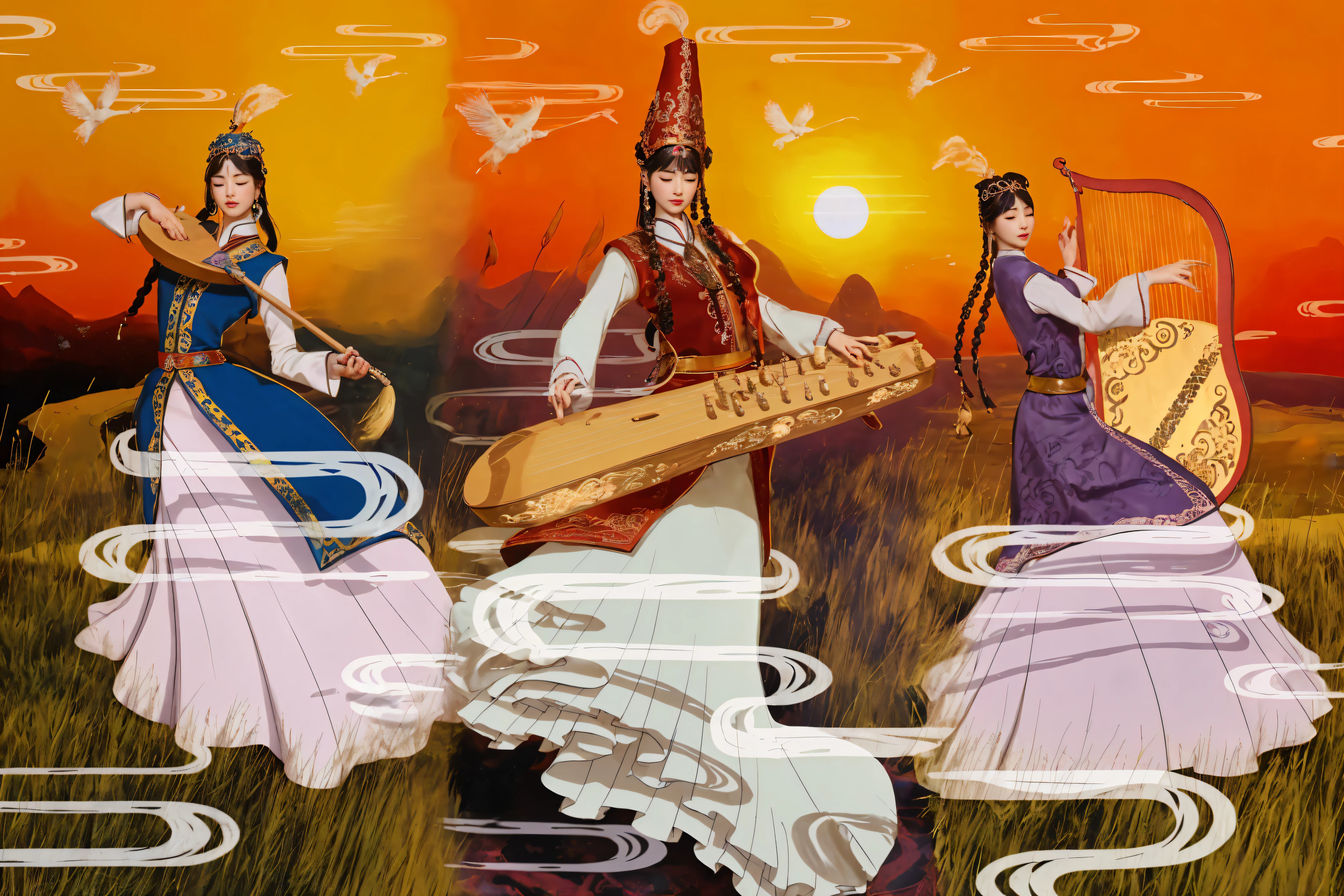 Scene of three people wearing Xinjiang costumes playing musical instruments, Inspired by land base, inspired by Yang Buzhi, Z style art, Illustrations inspired by Persian folklore, Inspired by Song Maojin, Inspired by Ji Yunfei, Persian folk storytelling art style, A beautiful artistic illustration, With Xinjiang art style, China.People with closed eyes (best quality, 4k, 8k, high resolution, masterpiece:1.2), super detailed, (actual, photoactual, photo-actual:1.37), high dynamic range, ultra high definition, studio lighting, Ultra-fine painting, sharp focus, Physically based rendering, extremely detailed description, professional, bright colors, Bokeh, portrait, landscape,, Science fiction, photography, concept artist, Vibrant shades, Picturesque lights.